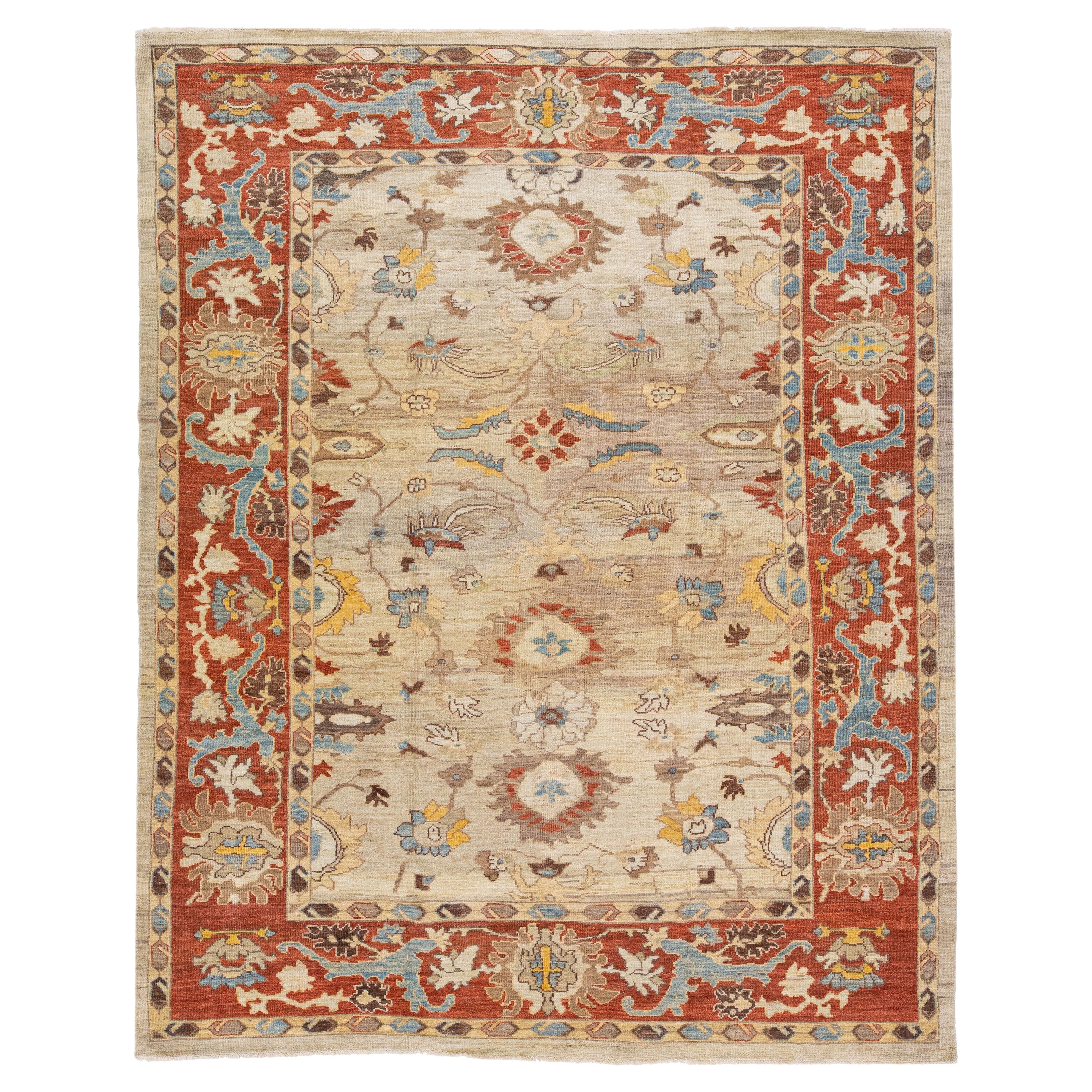 Modern Sultanabad Handmade Brown & Rust Wool Rug With Floral Motif