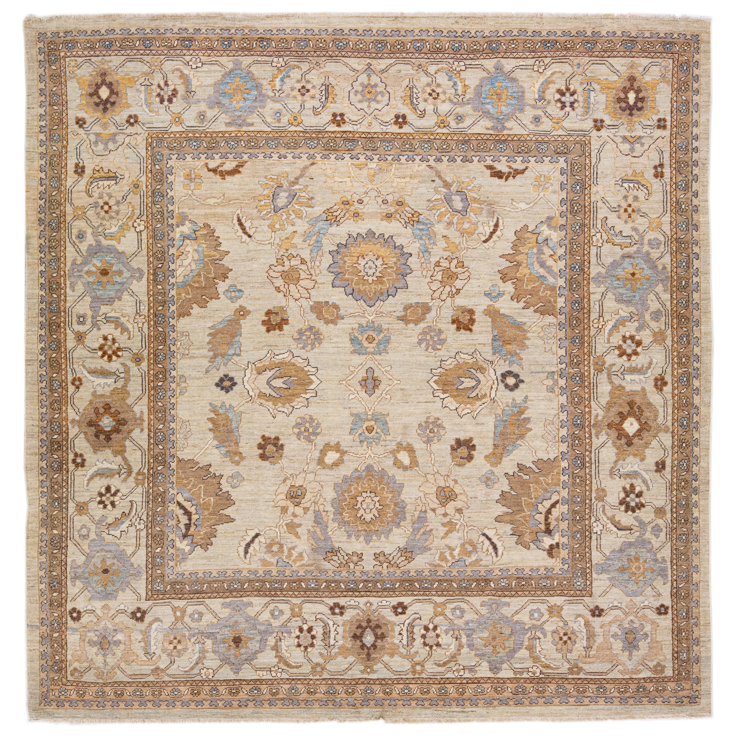 Tappeto moderno Sultanabad Rugs quadrato in lana beige e grigio fatto a mano e floreale