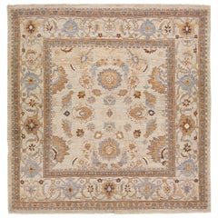 Tappeto moderno Sultanabad Rugs quadrato in lana beige e grigio fatto a mano e floreale