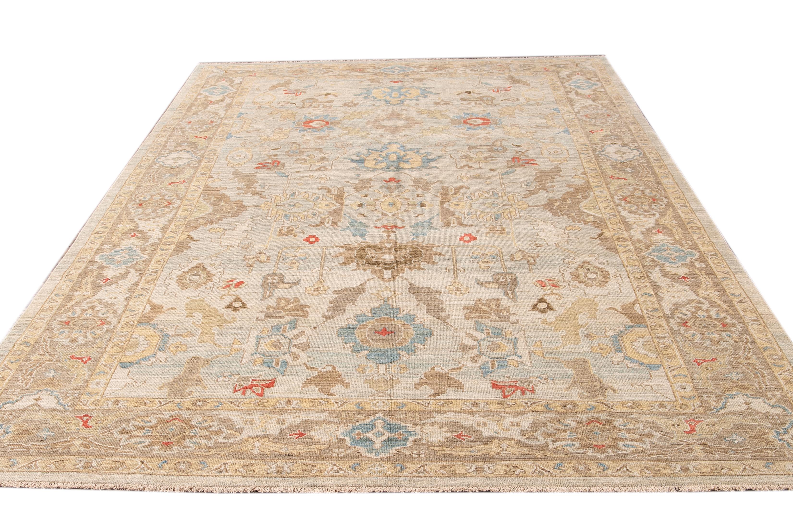 Persian Modern Sultanabad Handmade Floral Blue and Brown Wool Rug For Sale