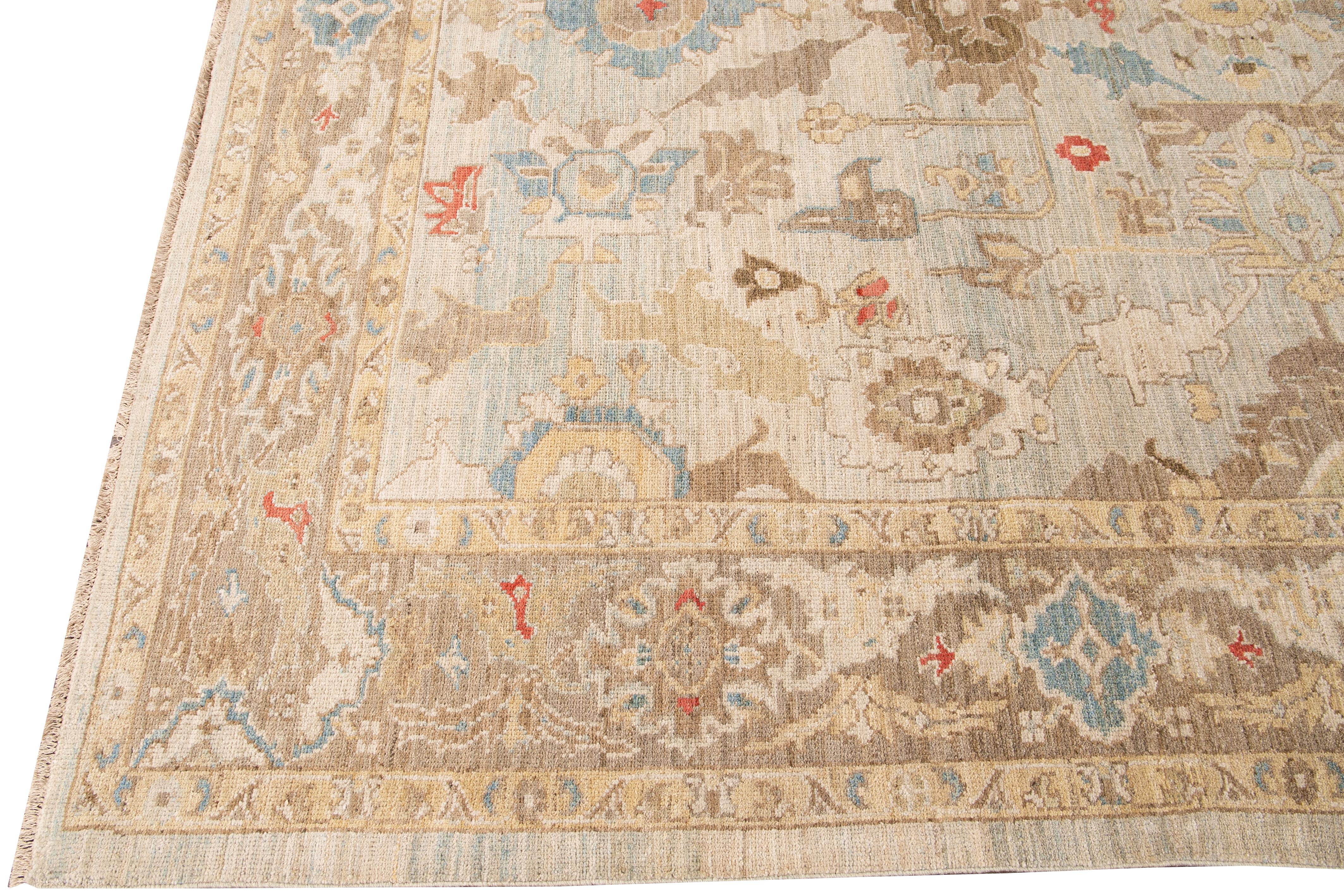 Hand-Knotted Modern Sultanabad Handmade Floral Blue and Brown Wool Rug For Sale