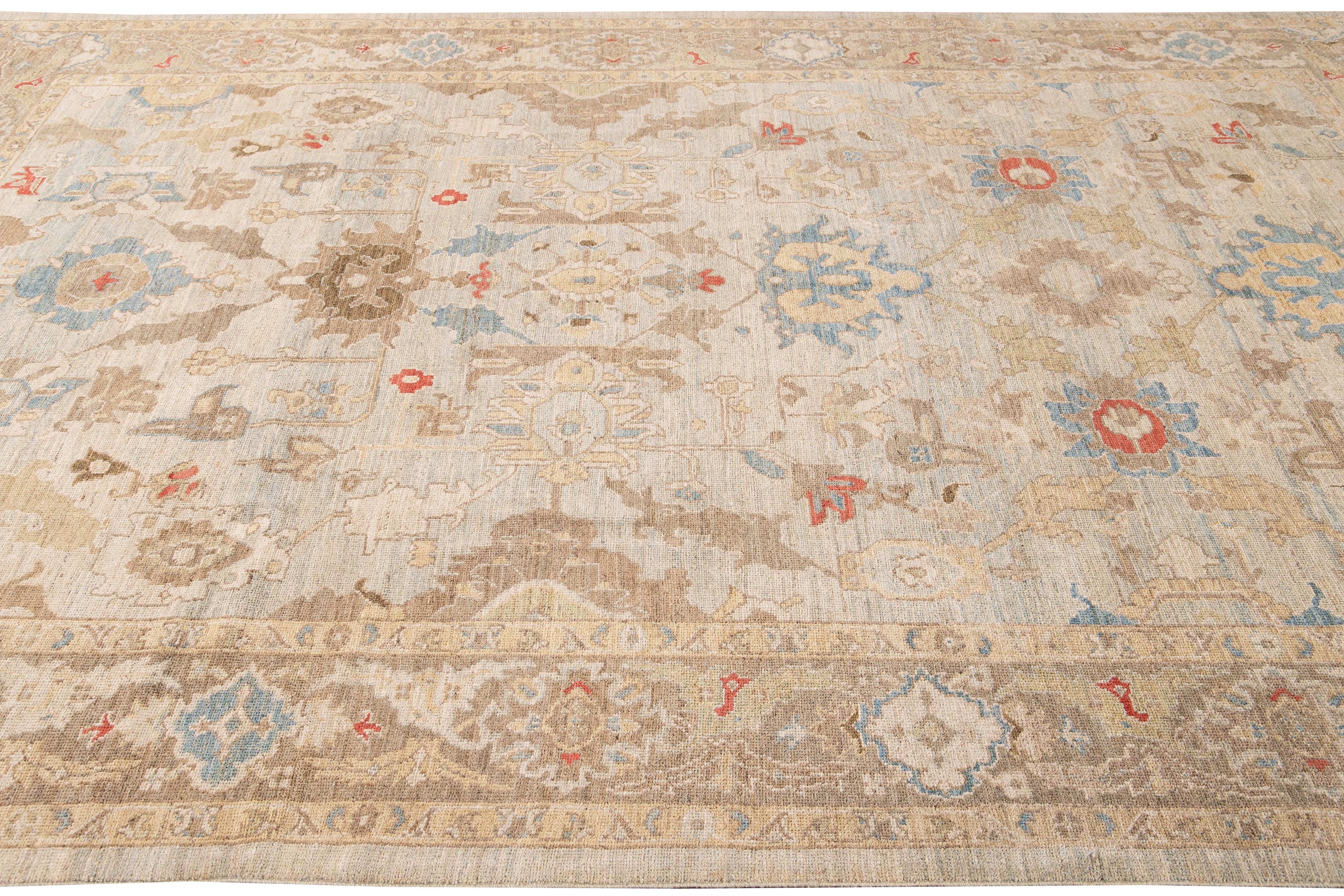 Contemporary Modern Sultanabad Handmade Floral Blue and Brown Wool Rug For Sale