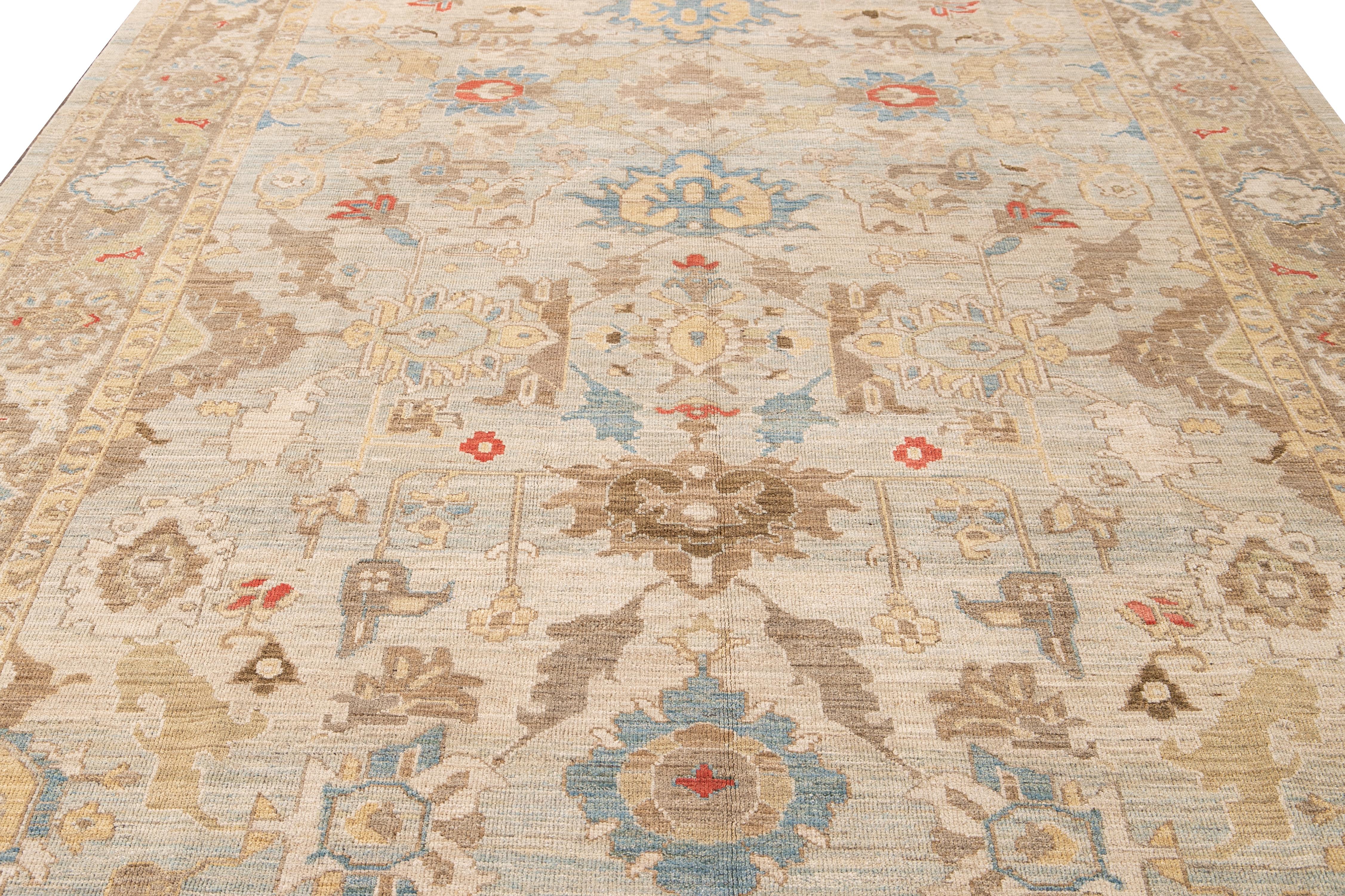 Modern Sultanabad Handmade Floral Blue and Brown Wool Rug For Sale 2