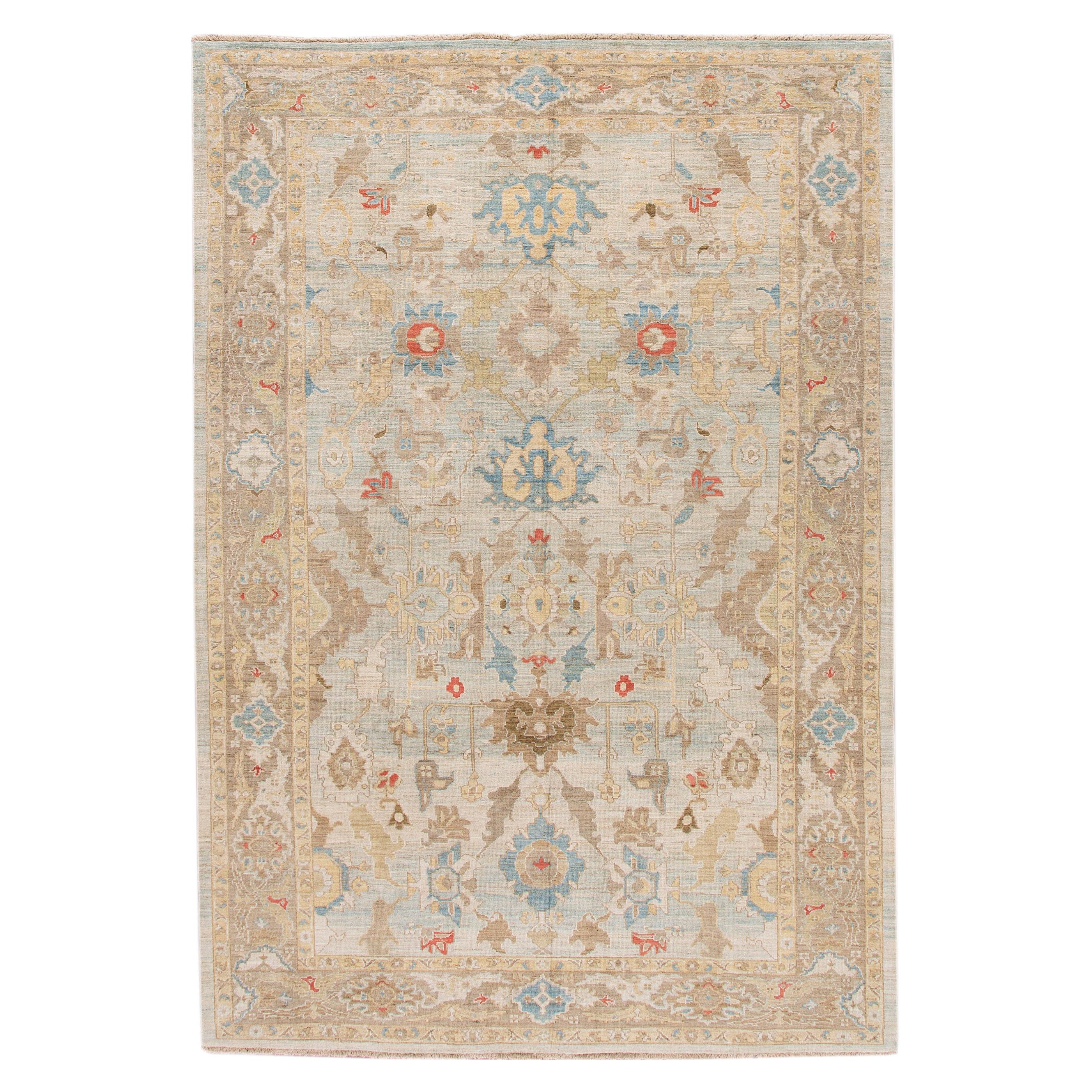 Modern Sultanabad Handmade Floral Blue and Brown Wool Rug For Sale