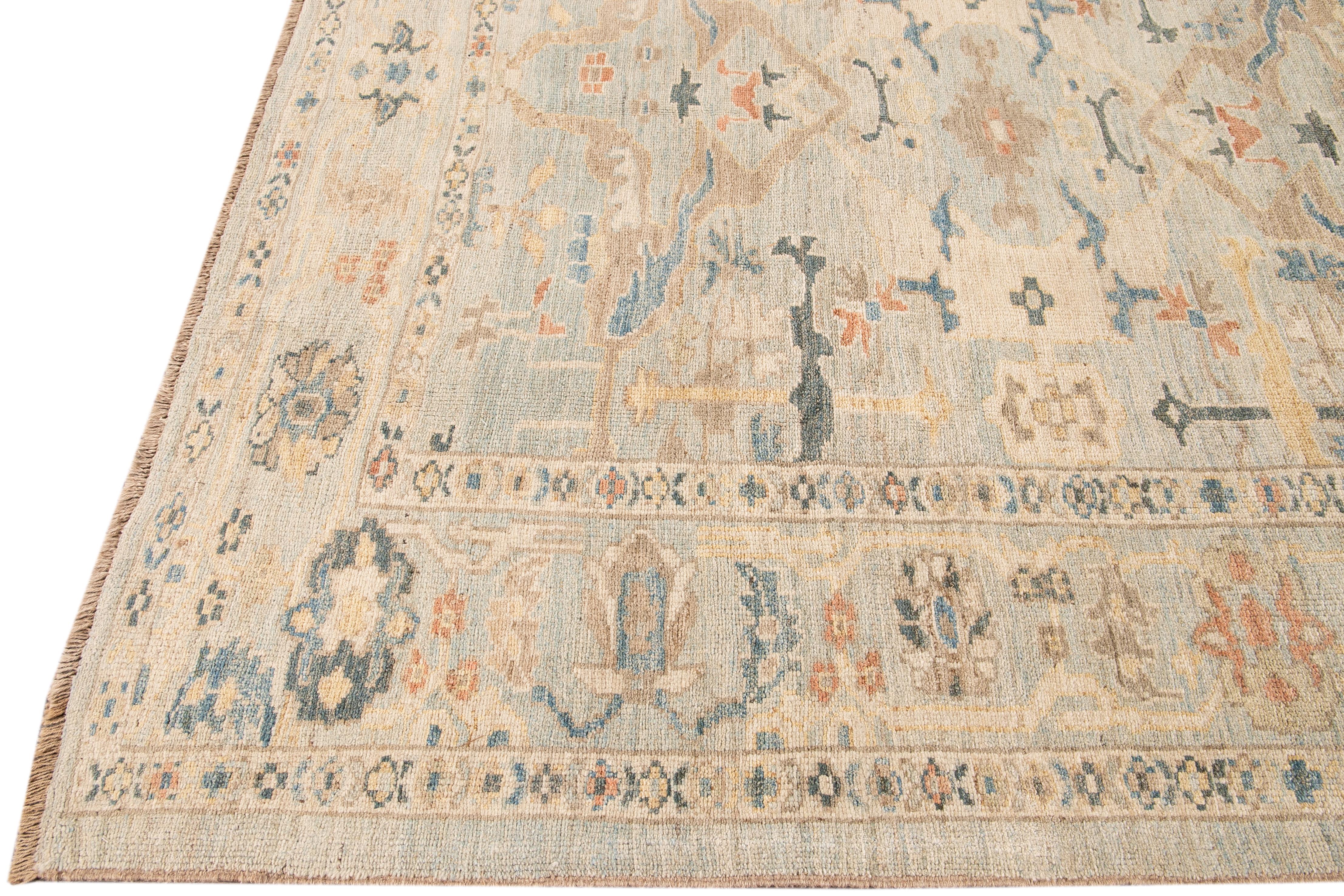 Hand-Knotted Modern Sultanabad Handmade Floral Blue Wool Rug For Sale