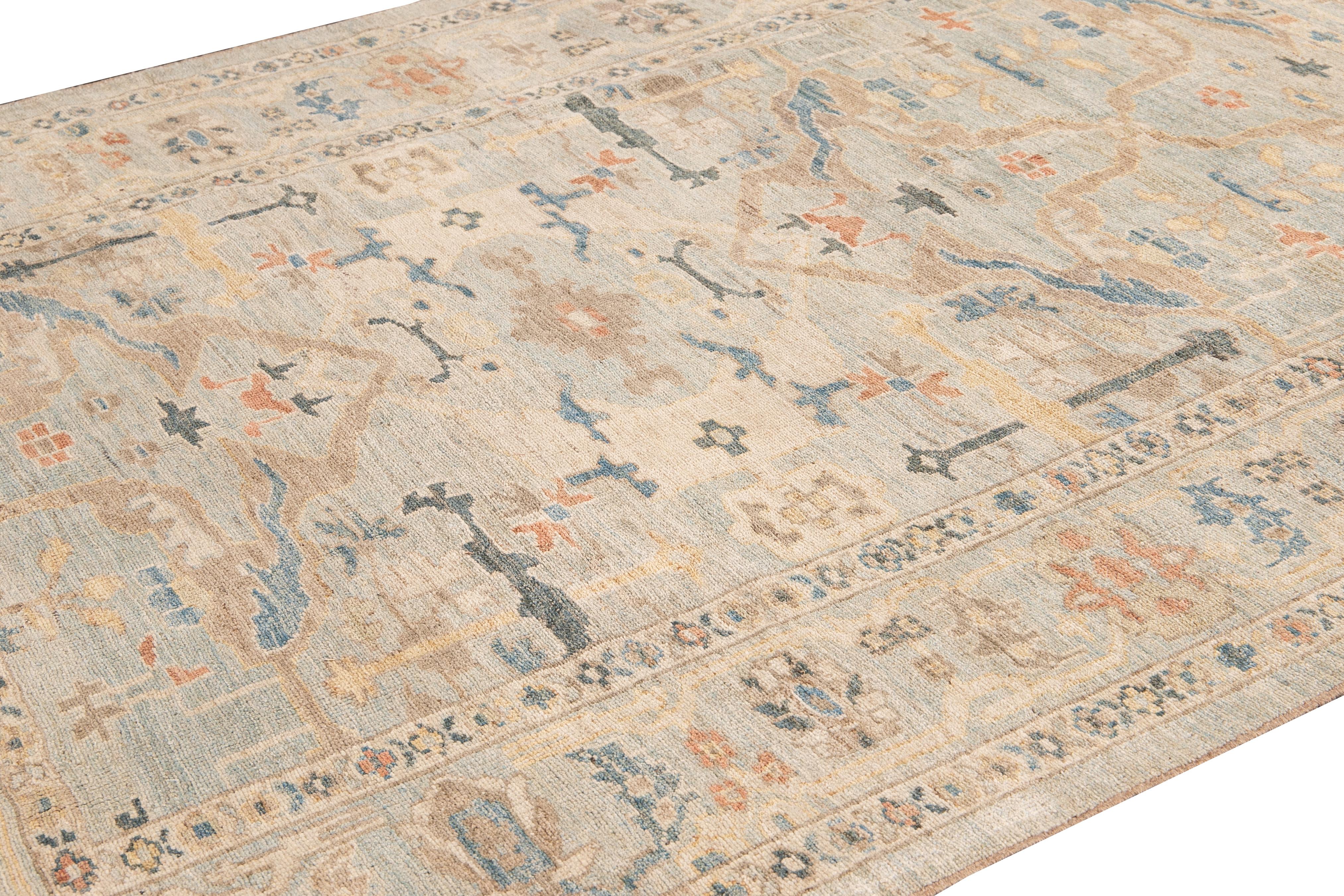 Modern Sultanabad Handmade Floral Blue Wool Rug In New Condition For Sale In Norwalk, CT