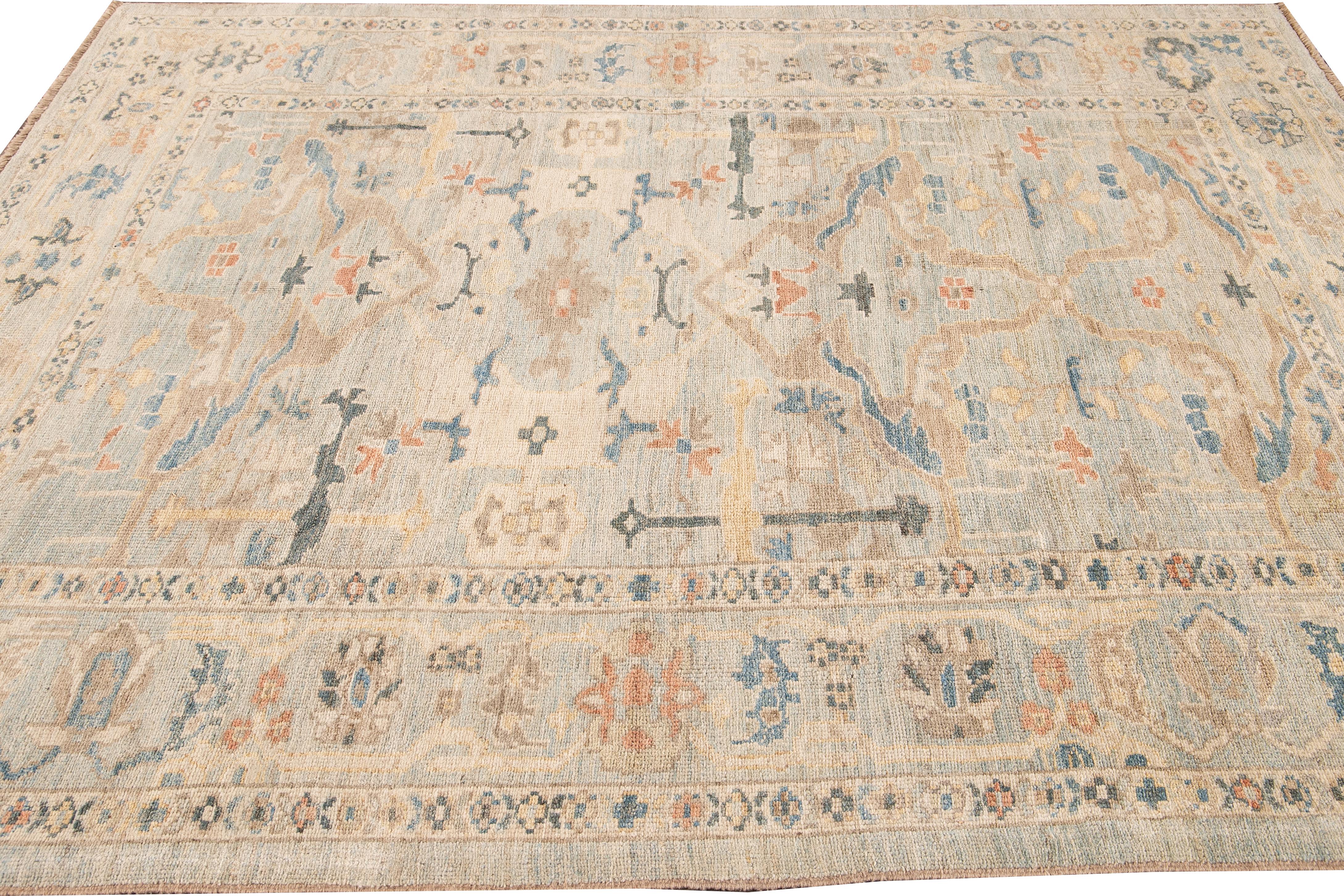 Contemporary Modern Sultanabad Handmade Floral Blue Wool Rug For Sale