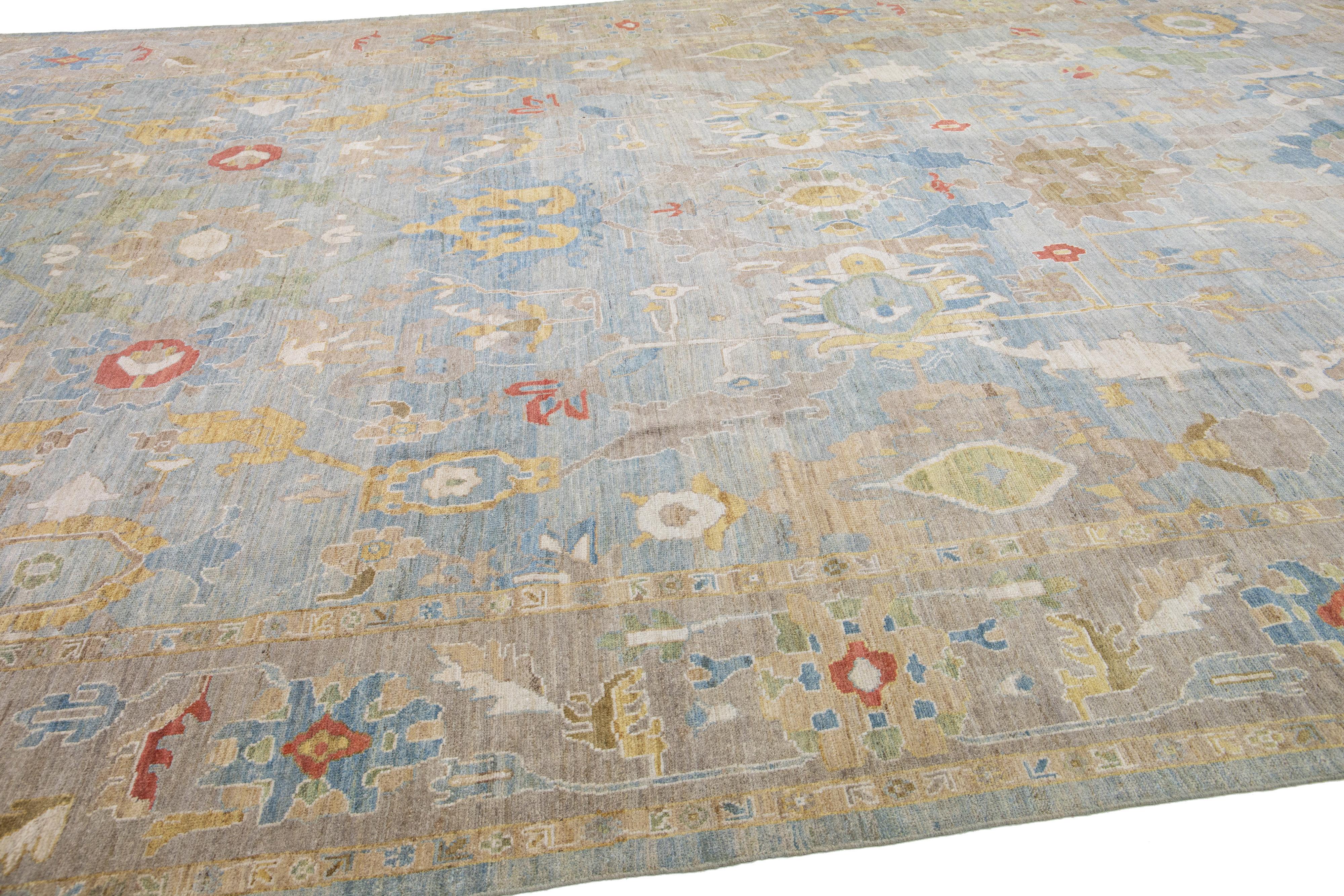 Moderner moderner Sultanabad handgefertigter Teppich aus blauer Wolle mit Blumenmuster im Angebot 4