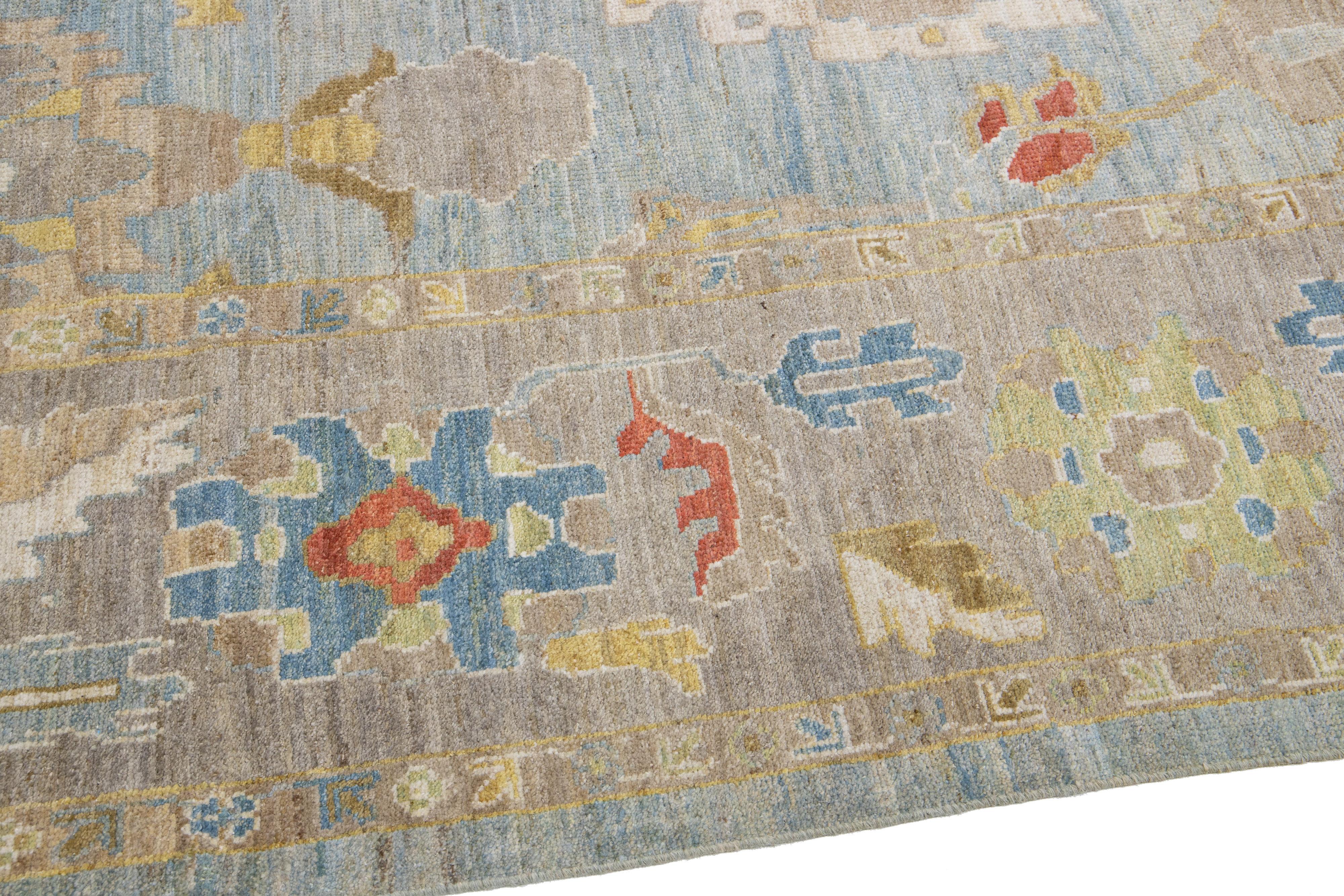 Contemporary Modern Sultanabad Handmade Floral Design Blue Wool Rug For Sale