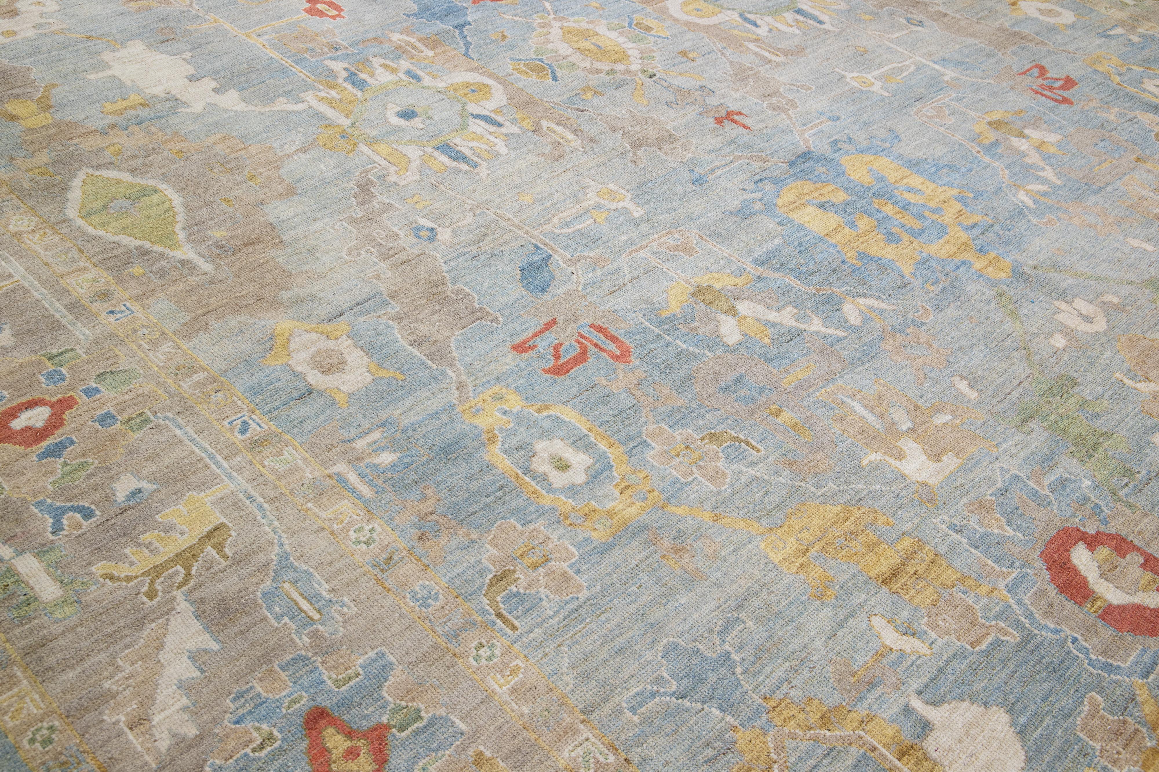 Moderner moderner Sultanabad handgefertigter Teppich aus blauer Wolle mit Blumenmuster im Angebot 2
