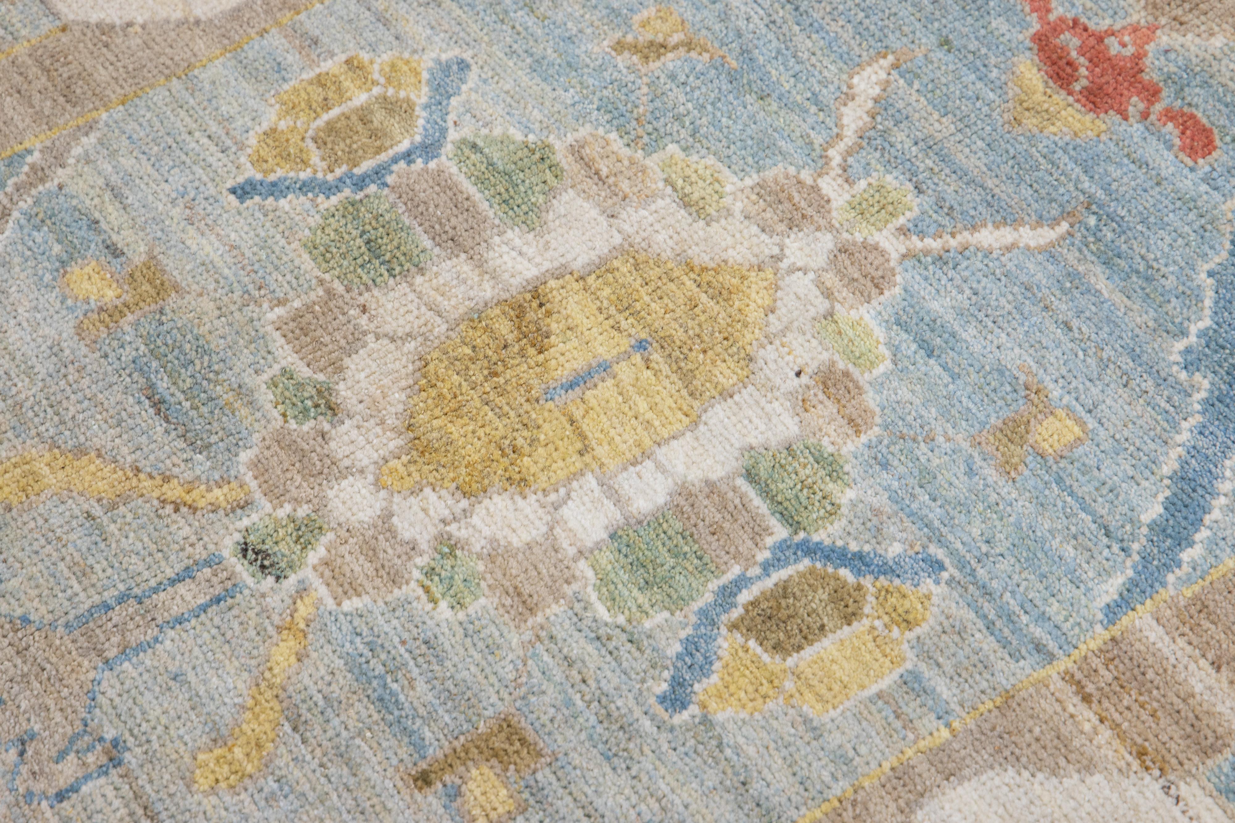Moderner moderner Sultanabad handgefertigter Teppich aus blauer Wolle mit Blumenmuster im Angebot 3