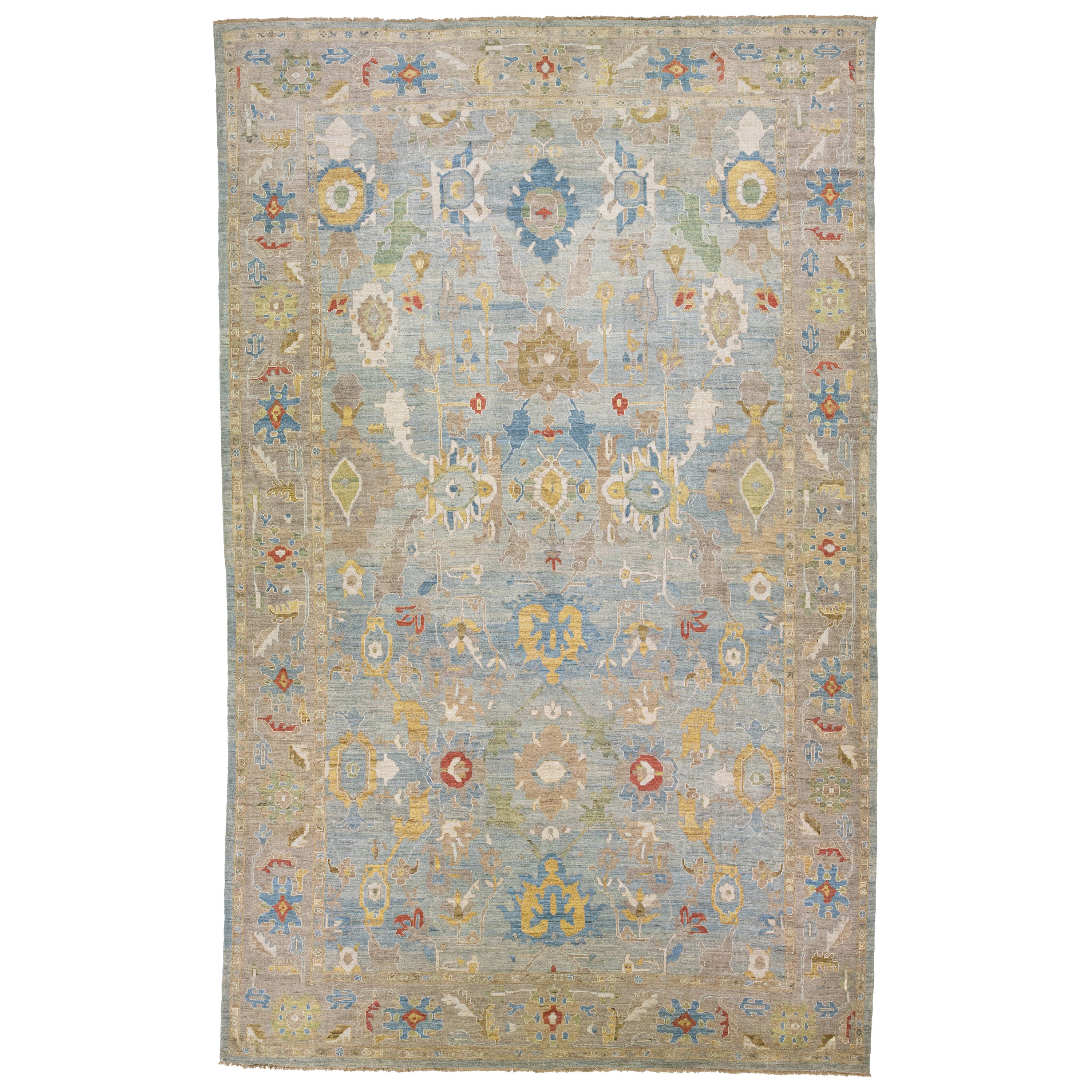 Moderner moderner Sultanabad handgefertigter Teppich aus blauer Wolle mit Blumenmuster
