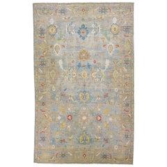 Moderner moderner Sultanabad handgefertigter Teppich aus blauer Wolle mit Blumenmuster