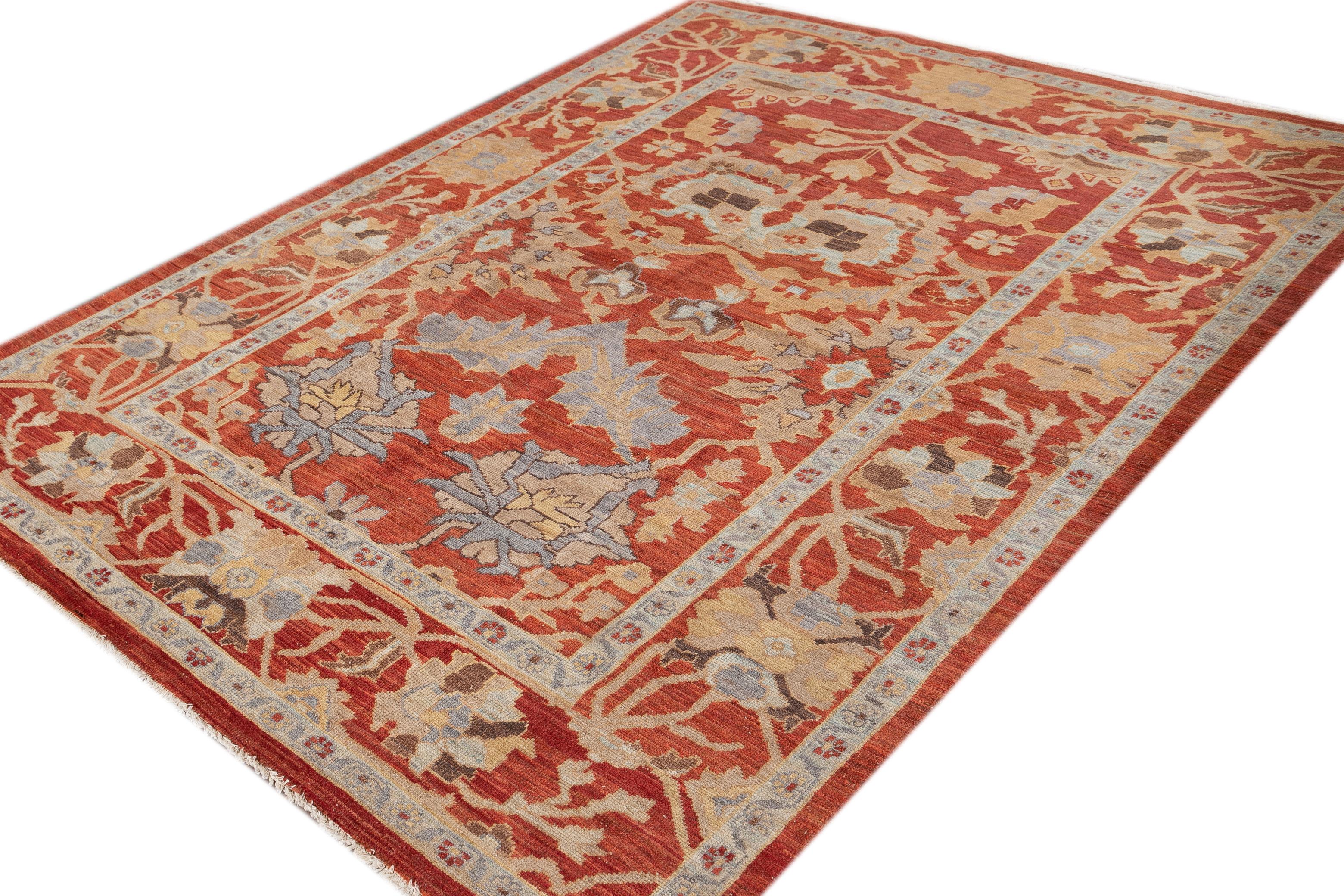Hand-Knotted Modern Sultanabad Handmade Floral Designed Rust Wool Rug For Sale