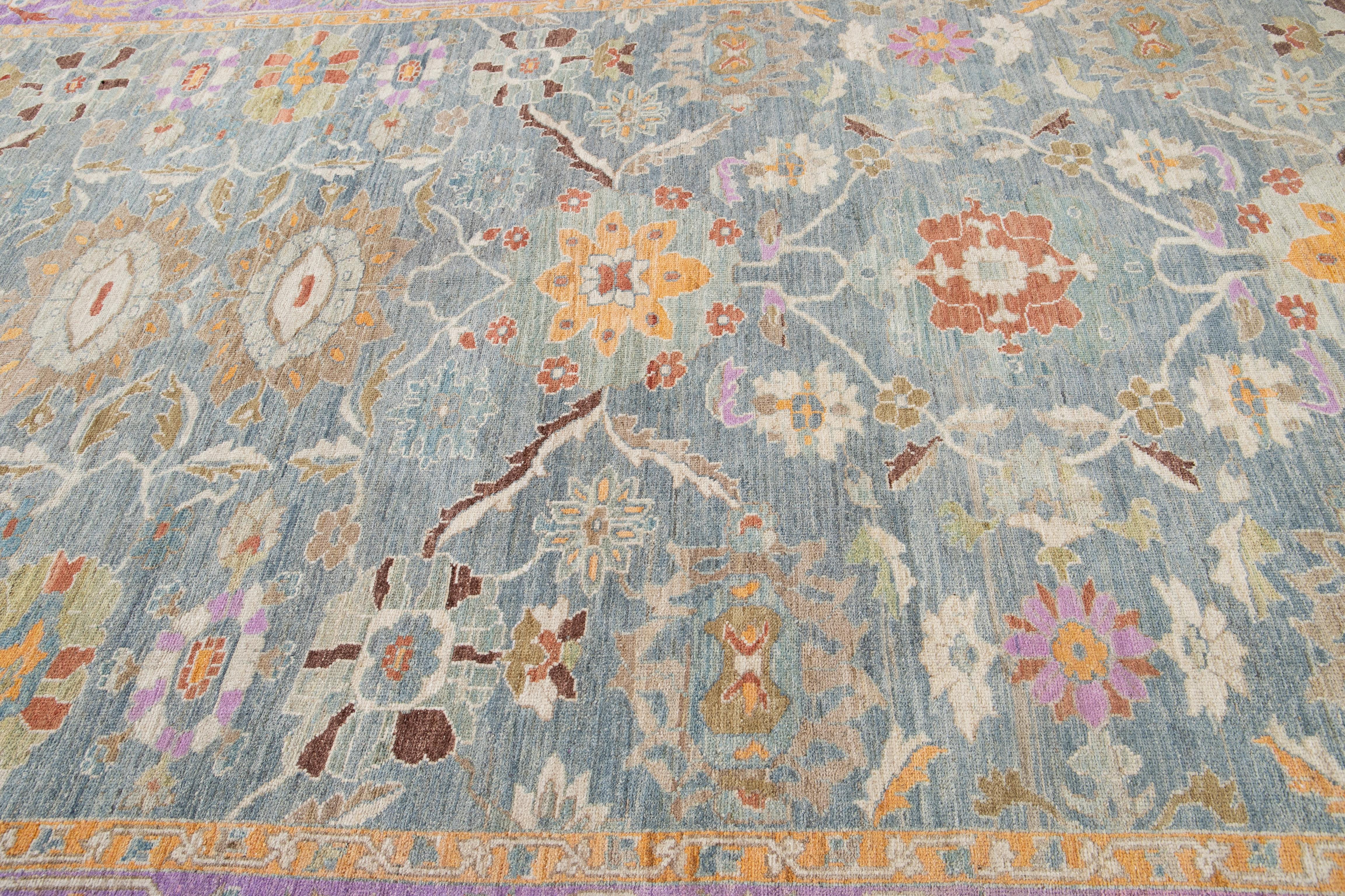 Hand-Knotted Modern Sultanabad Handmade Floral Motif Blue & Purple Wool Rug For Sale