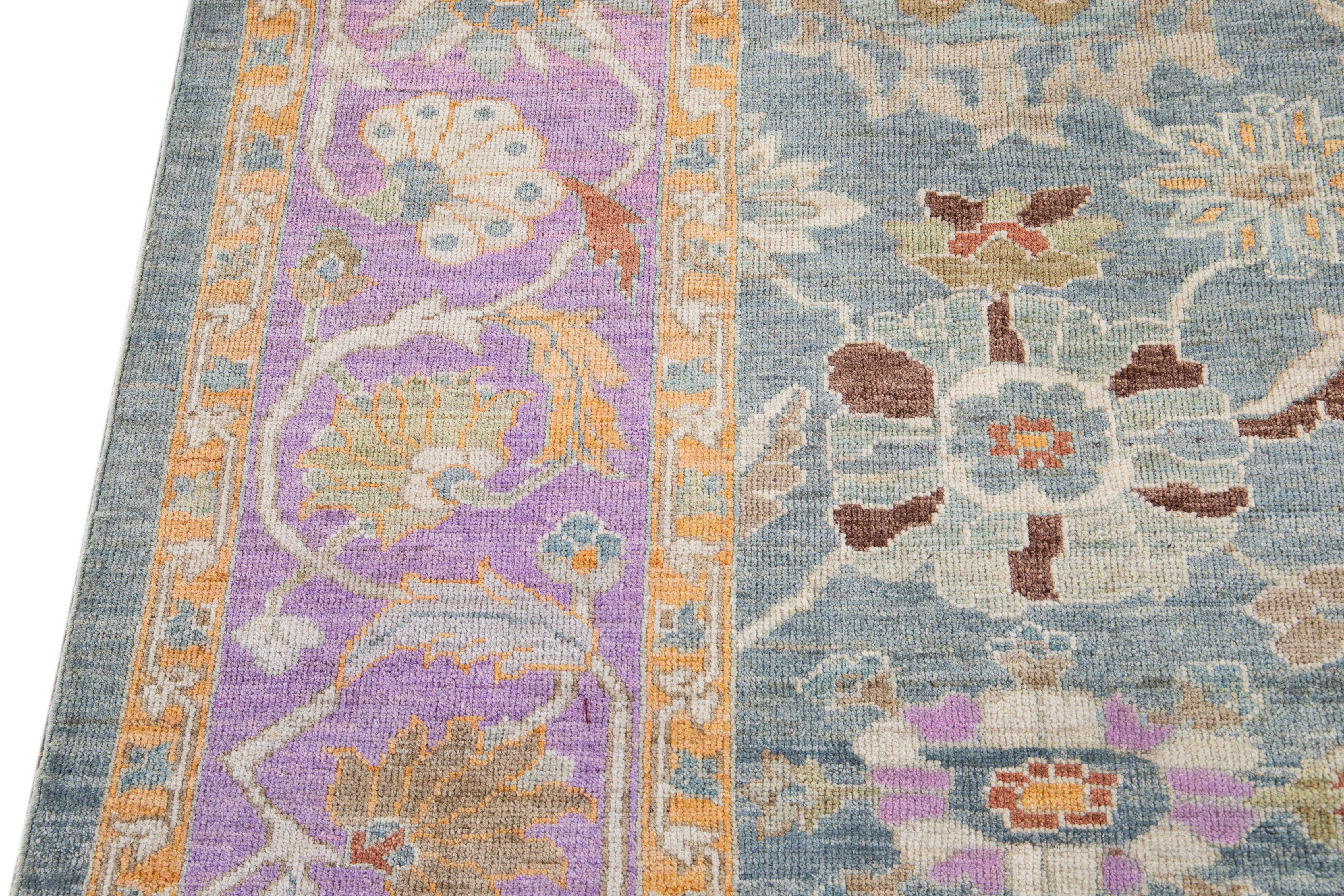 Modern Sultanabad Handmade Floral Motif Blue & Purple Wool Rug For Sale 1