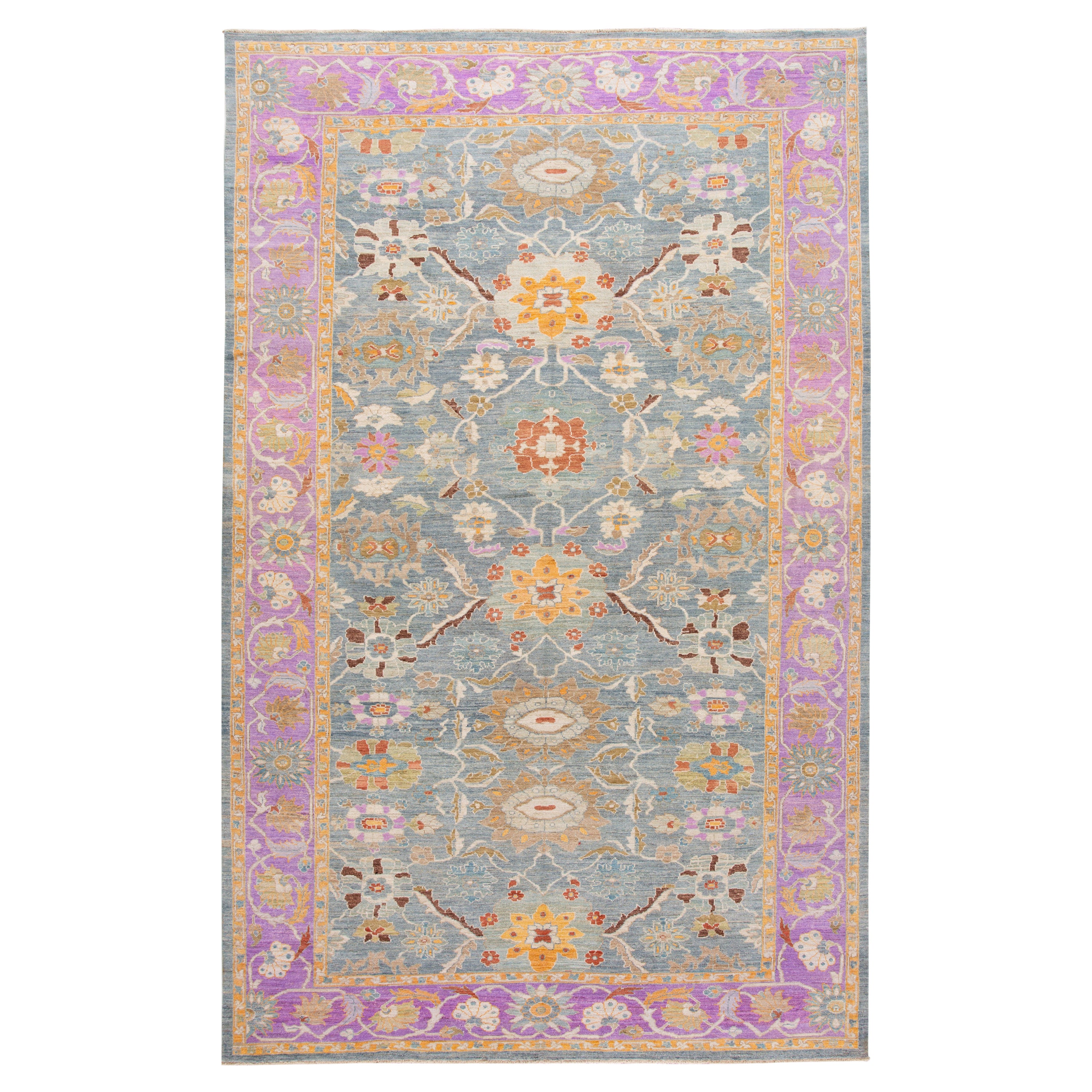 Tappeto moderno Sultanabad Rugs fatto a mano con motivi floreali in lana blu e viola