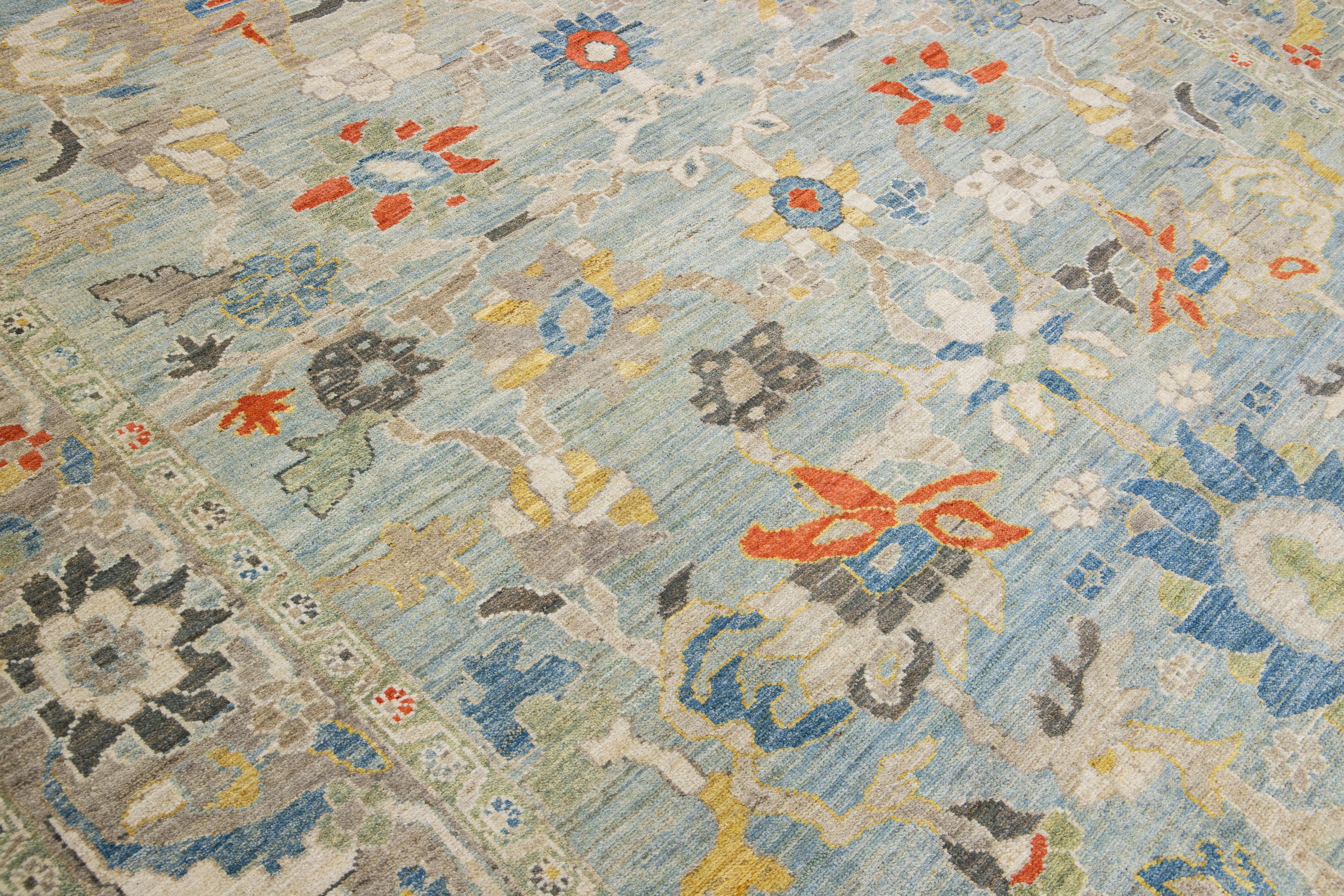 Moderner handgefertigter blauer Sultanabad-Wollteppich mit Blumenmotiv im Angebot 2