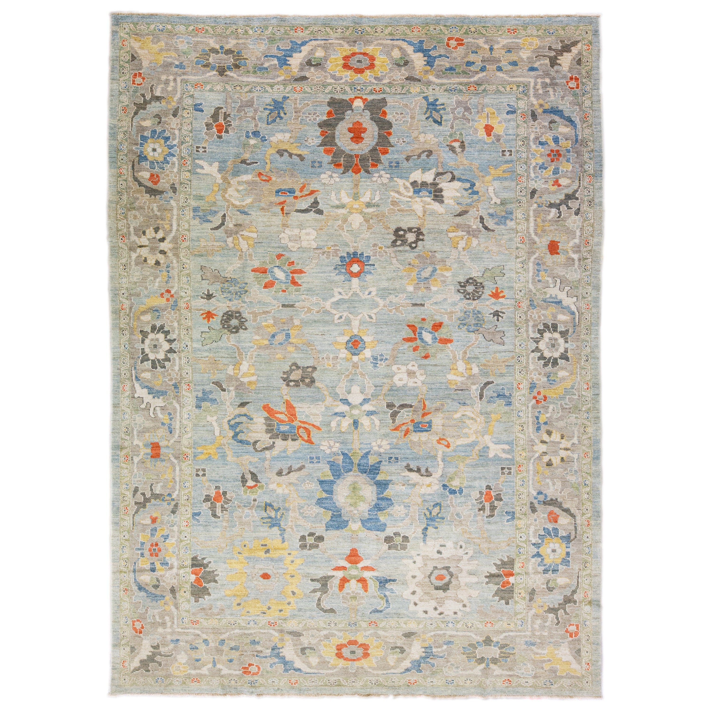 Moderner handgefertigter blauer Sultanabad-Wollteppich mit Blumenmotiv