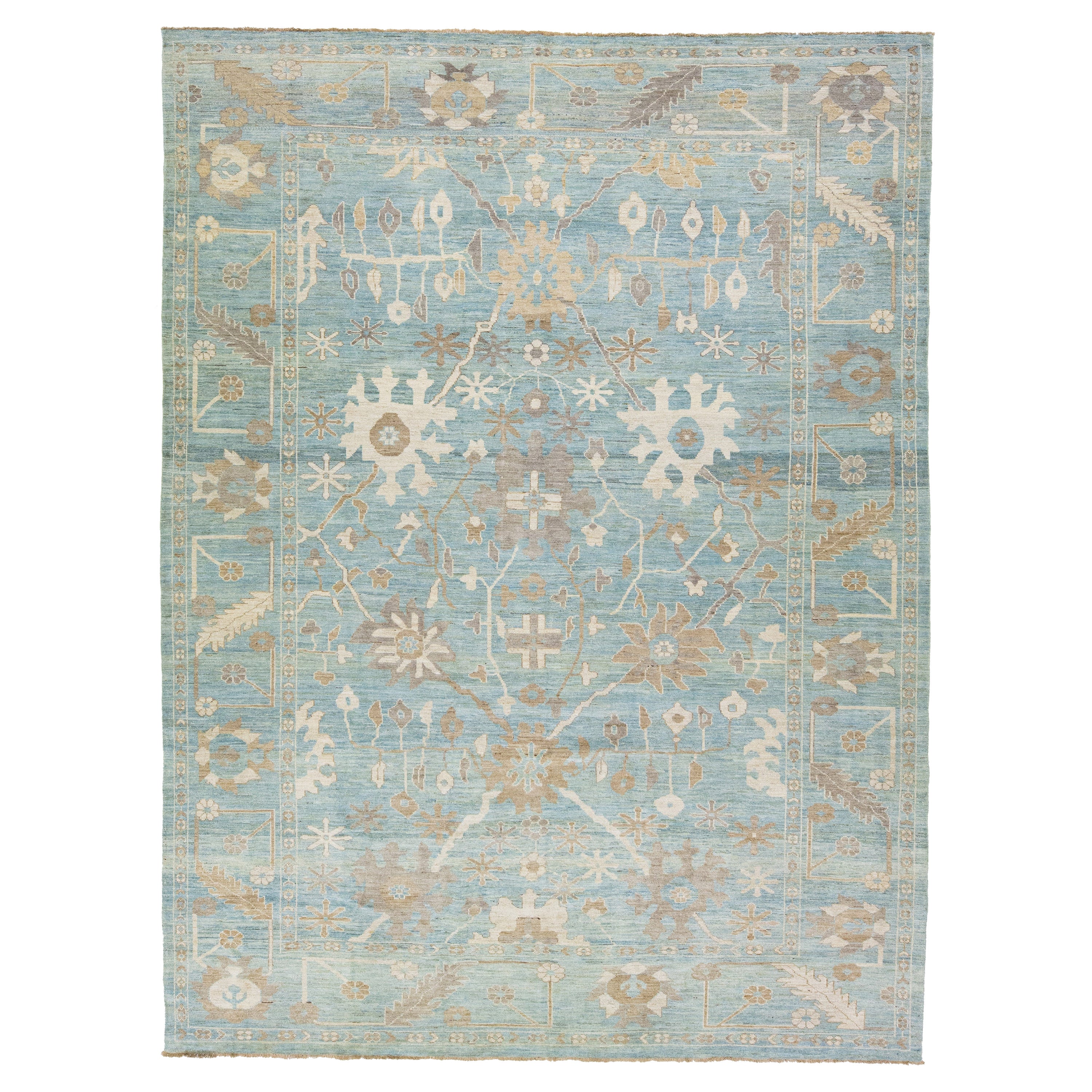 Tapis moderne Sultanabad fait à la main en laine bleue à motif floral