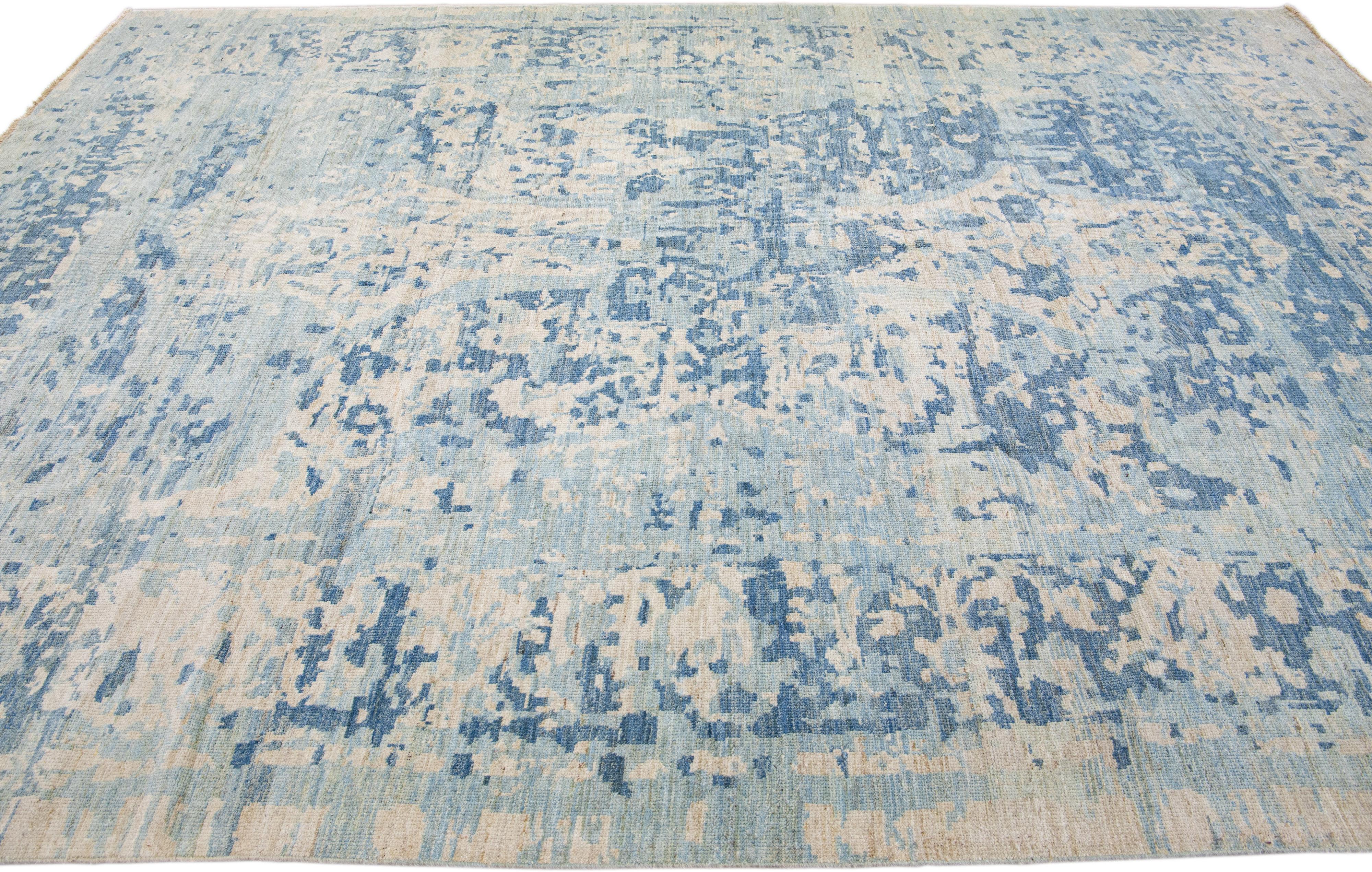 Hand-Knotted Modern Sultanabad Handmade Floral Pattern Blue Wool Rug For Sale