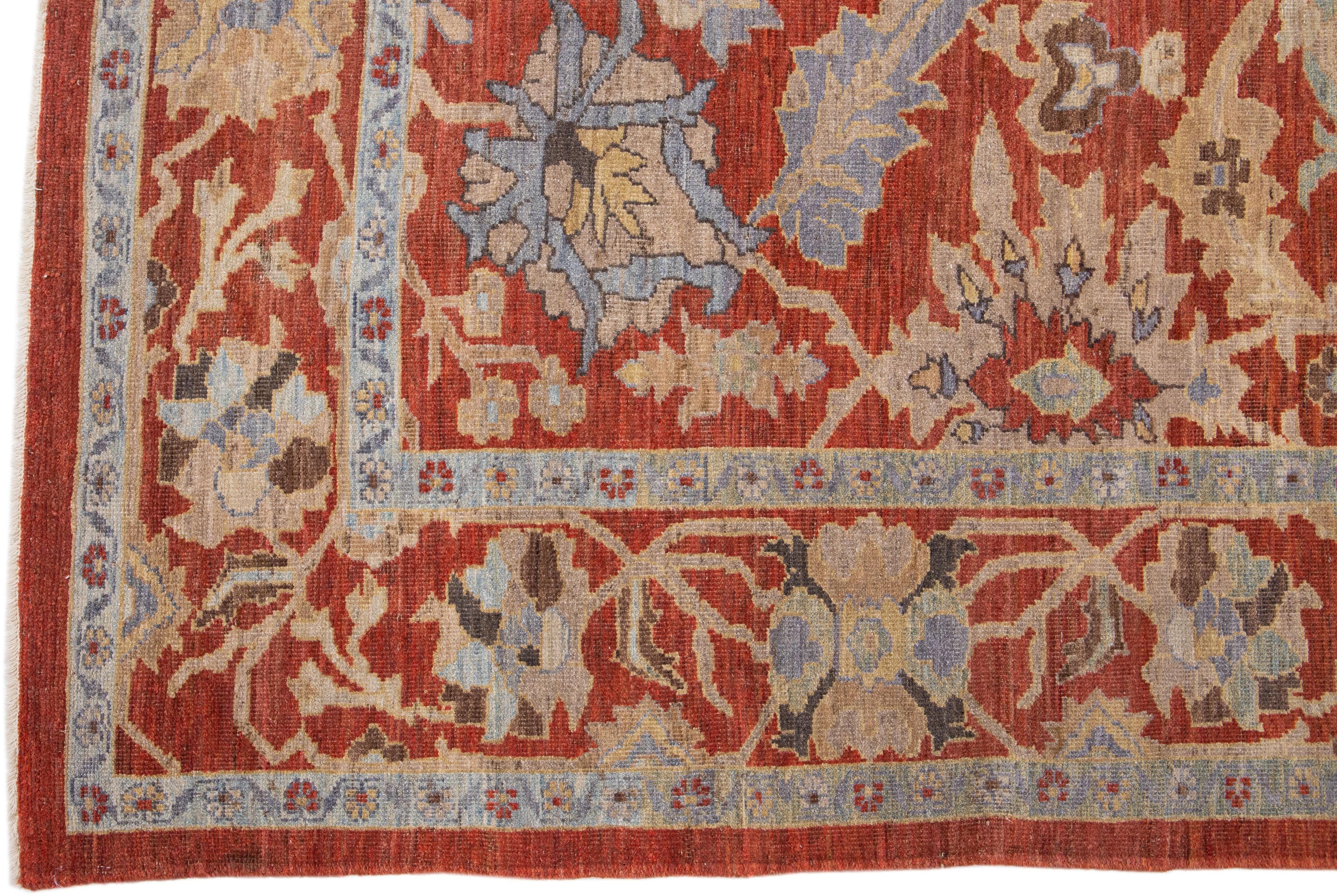 Persian Modern Sultanabad Handmade Floral Pattern Rust Wool Rug For Sale