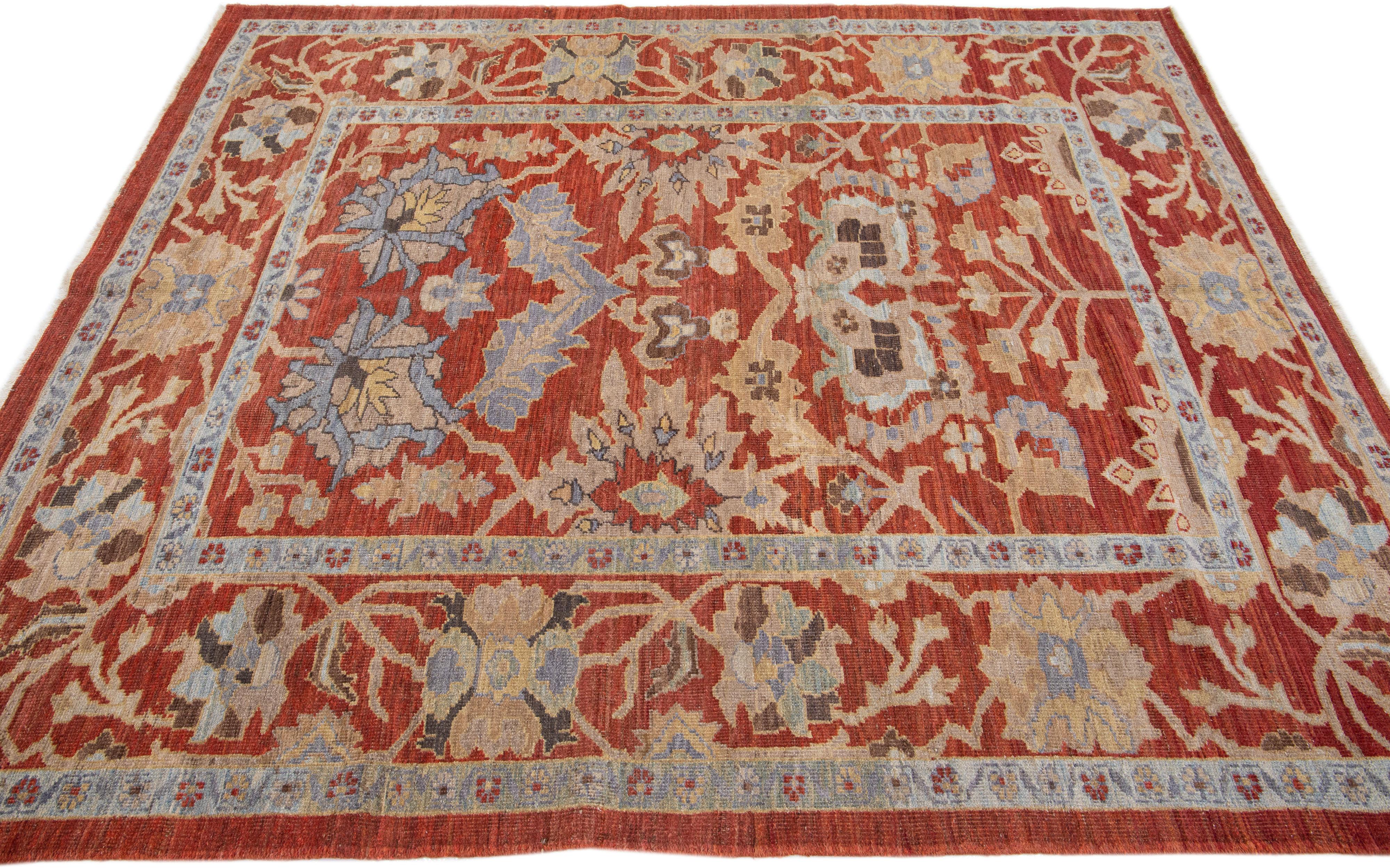 Hand-Knotted Modern Sultanabad Handmade Floral Pattern Rust Wool Rug For Sale