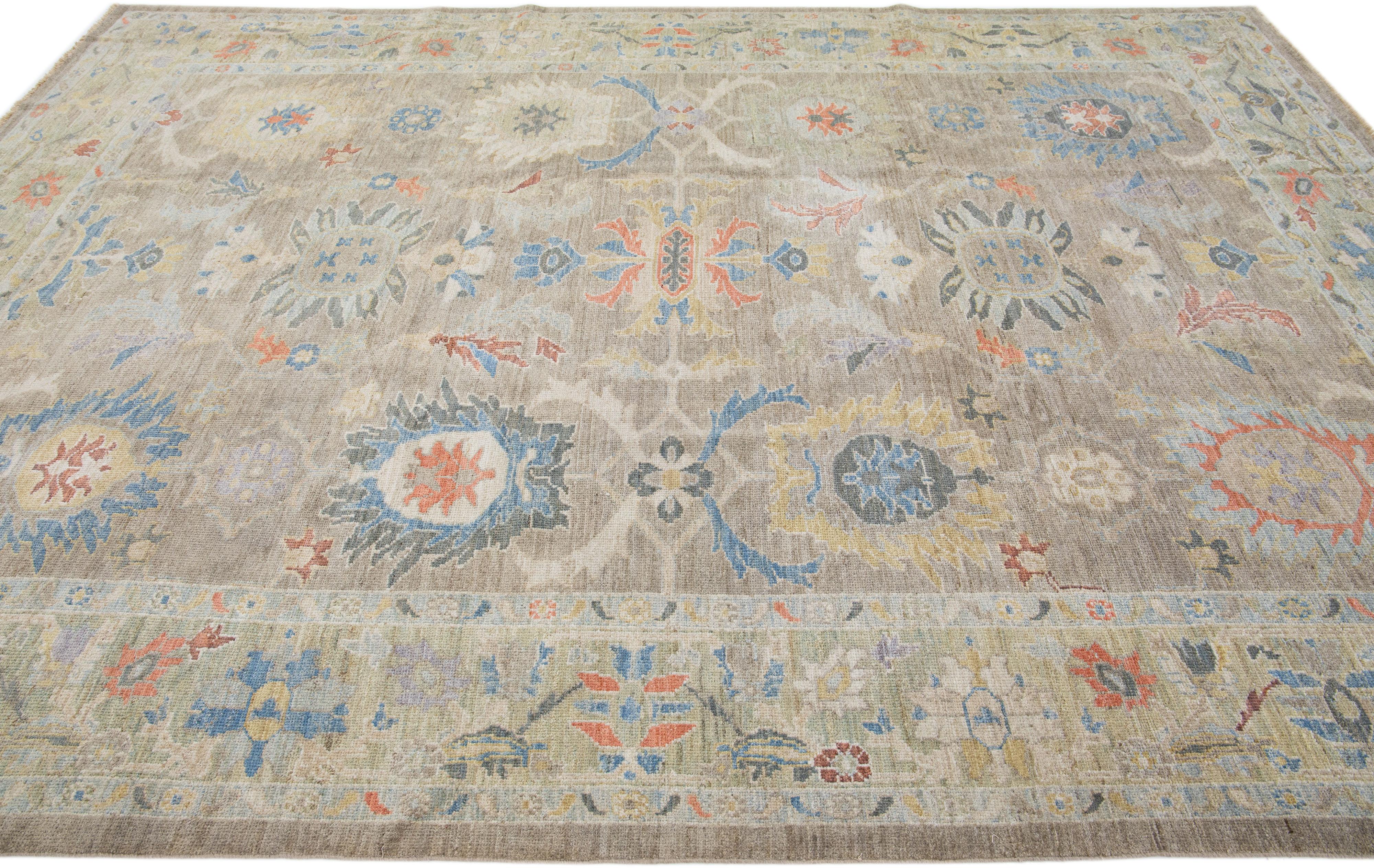 Hand-Knotted Modern Sultanabad Handmade Floral Wool Rug in Brown For Sale