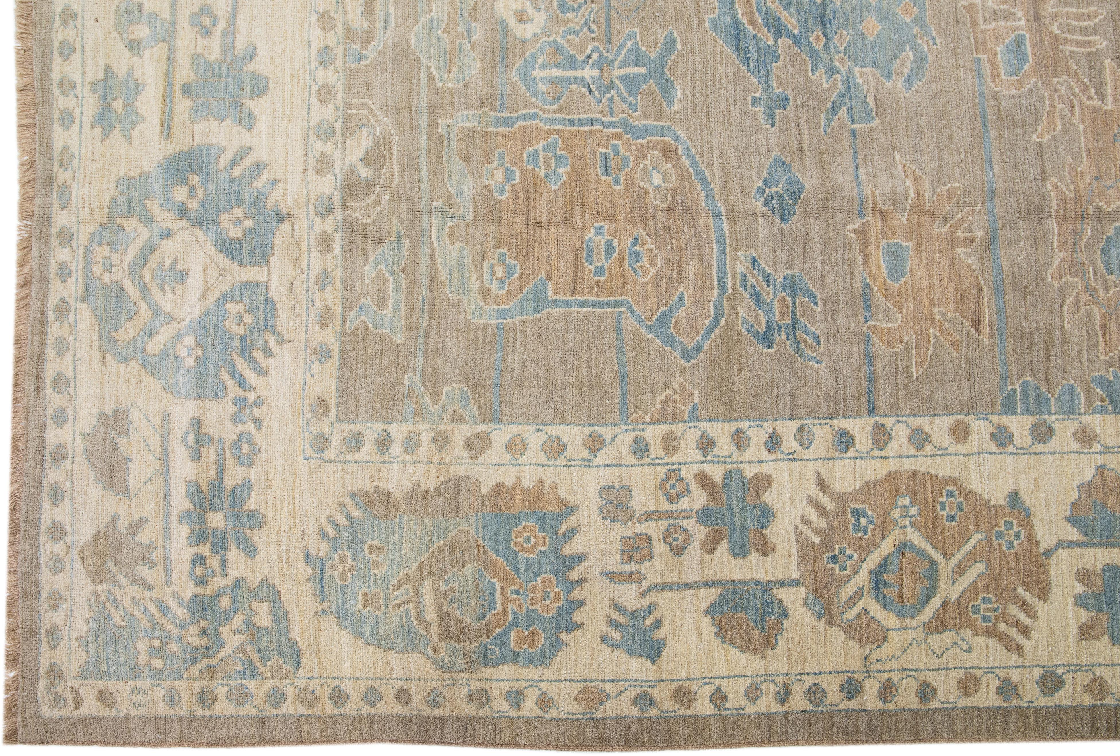 Persian Modern Sultanabad Handmade Floral Wool Rug in Light Brown For Sale