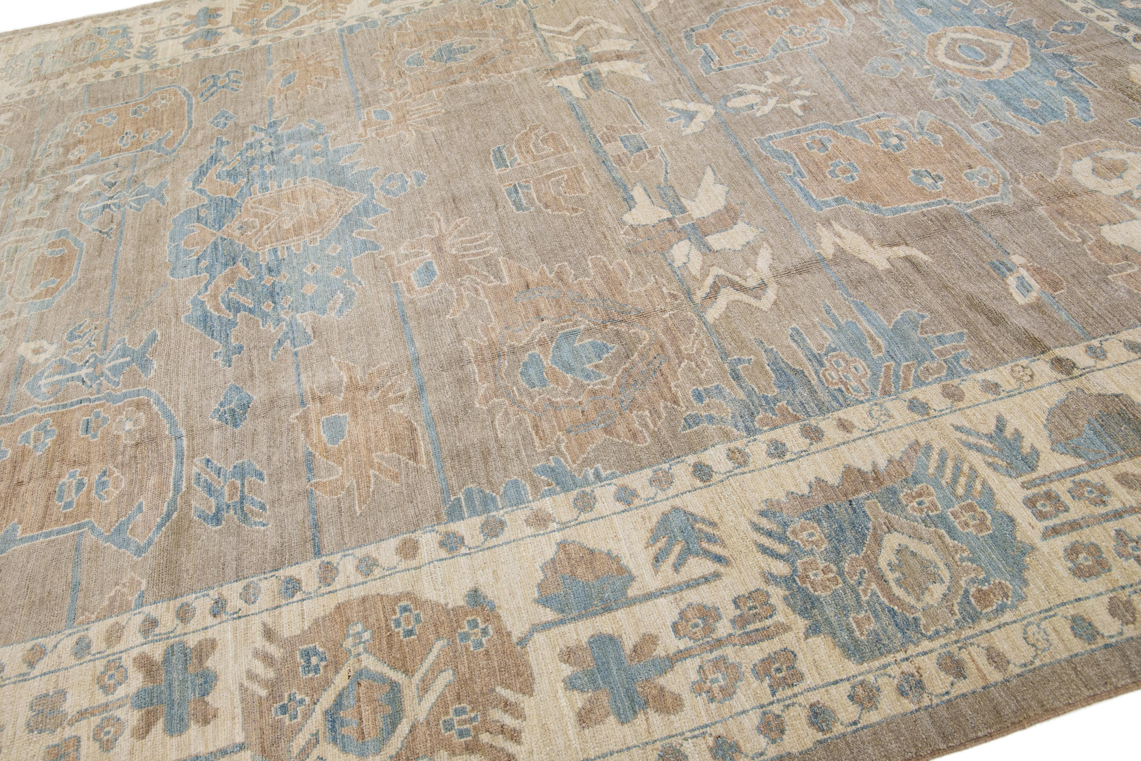 Hand-Knotted Modern Sultanabad Handmade Floral Wool Rug in Light Brown For Sale