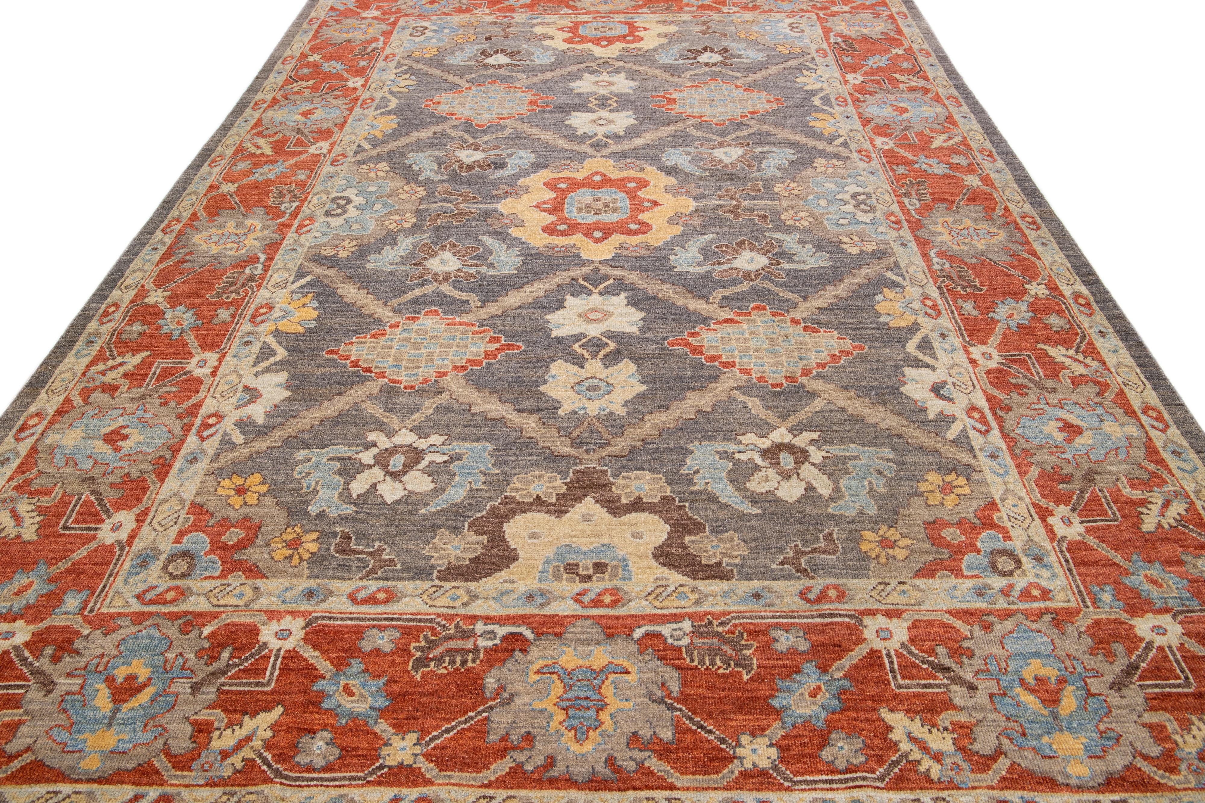 Persian Modern Sultanabad Handmade Gray & Rust Wool Rug with Allover Motif For Sale