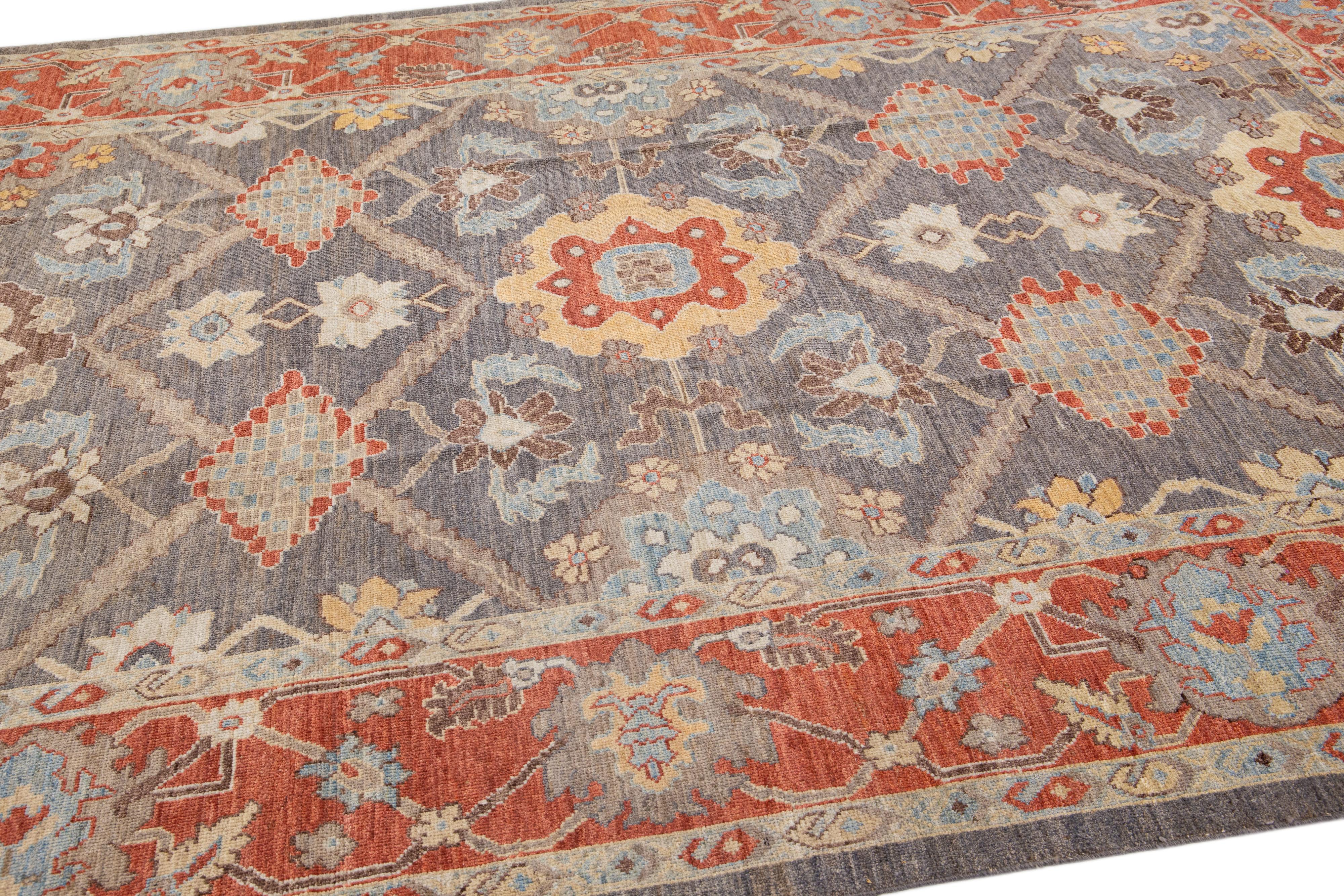 Hand-Knotted Modern Sultanabad Handmade Gray & Rust Wool Rug with Allover Motif For Sale