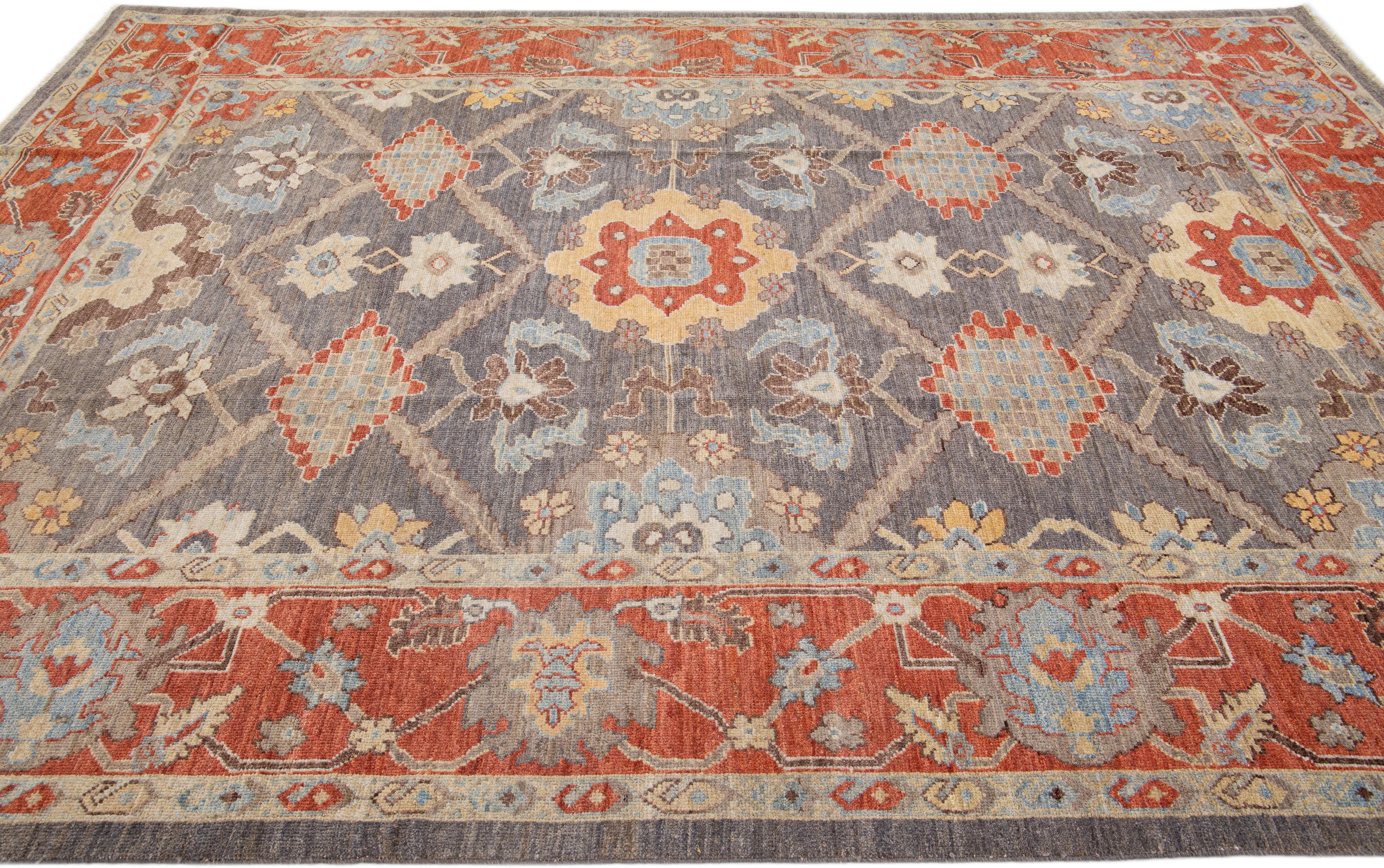 Contemporary Modern Sultanabad Handmade Gray & Rust Wool Rug with Allover Motif For Sale