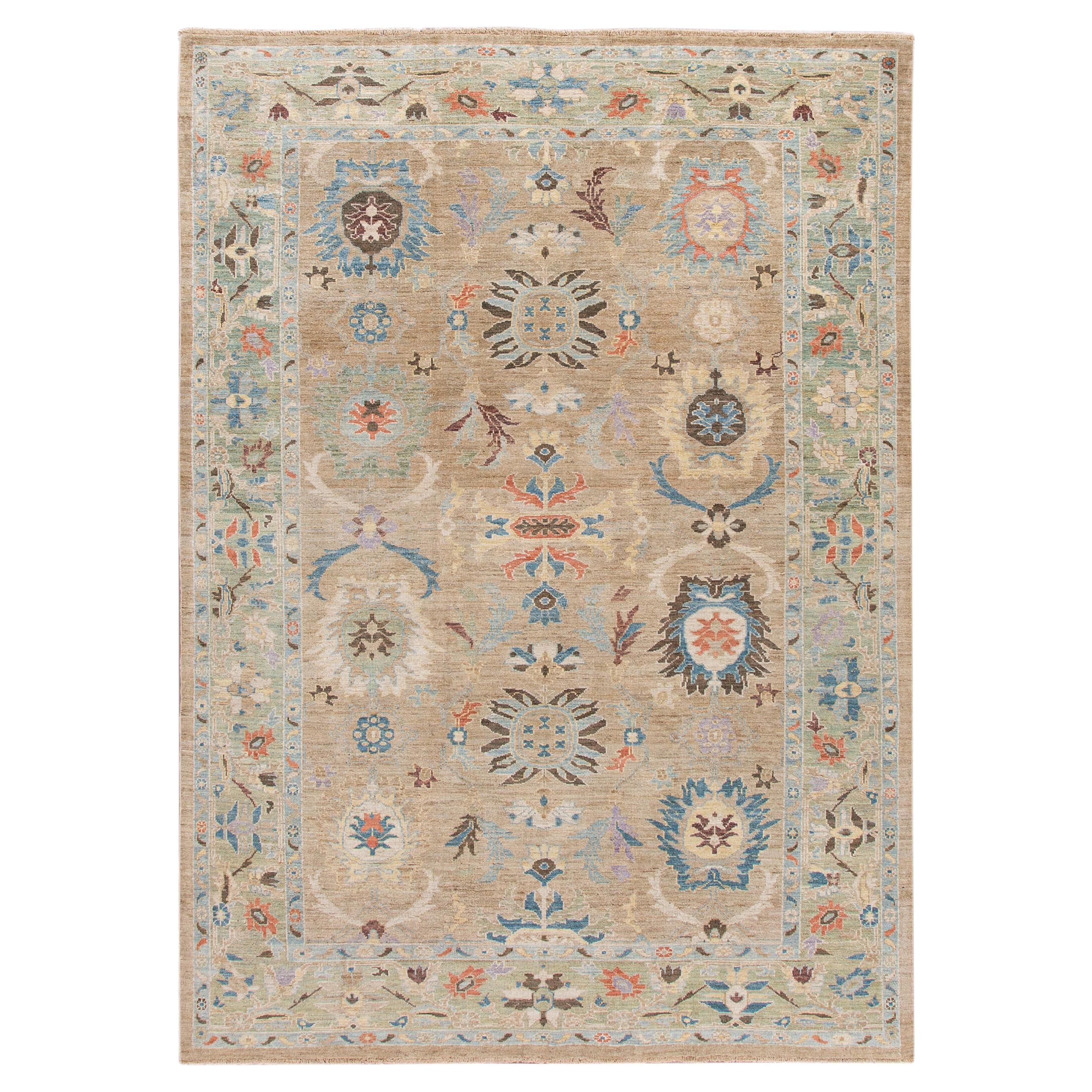 Modern Sultanabad Handmade Multicolor Floral Wool Rug For Sale