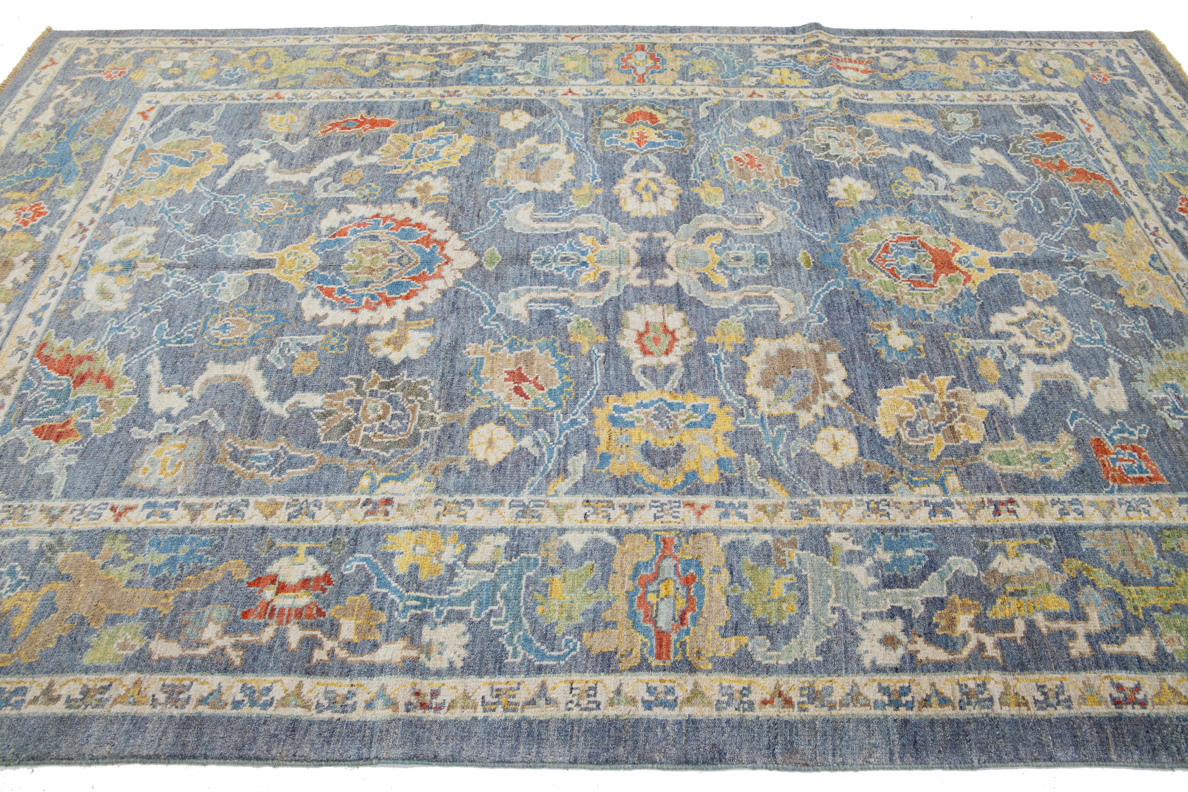 Pakistani Modern Sultanabad Handmade Wool Rug Allover Floral In Blue For Sale