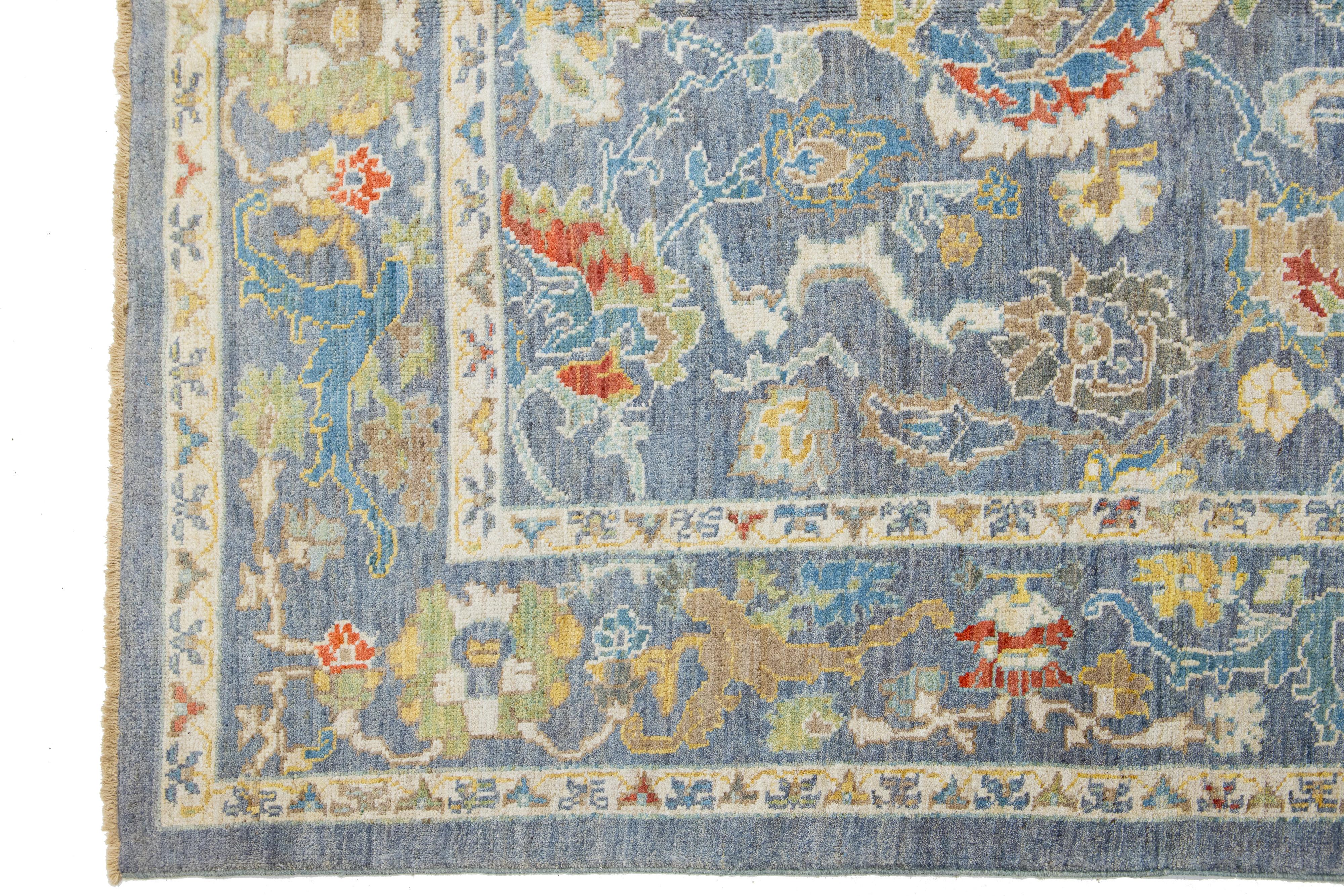 Hand-Knotted Modern Sultanabad Handmade Wool Rug Allover Floral In Blue For Sale