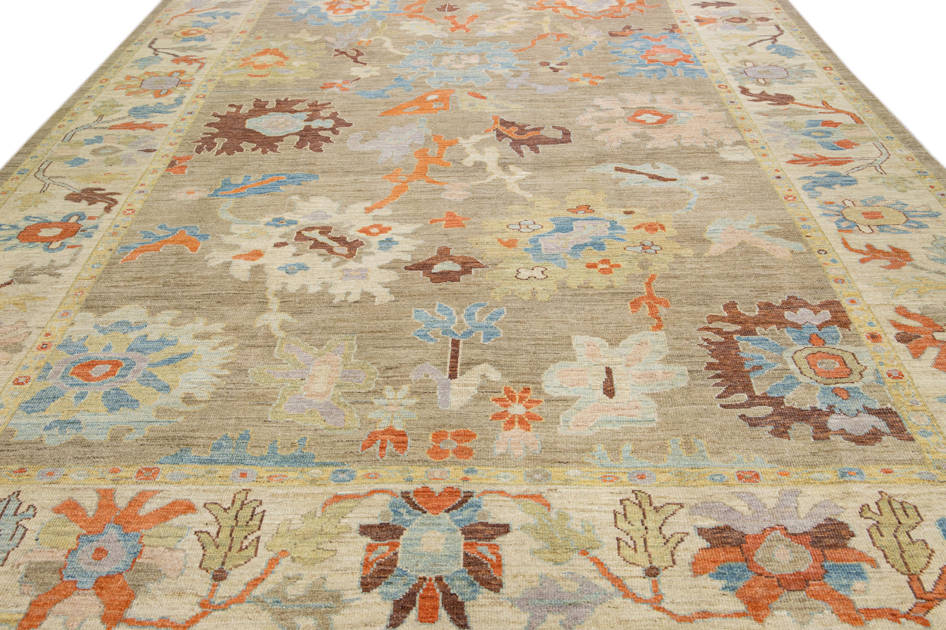 Persian Modern Sultanabad Light Brown Handmade Floral Pattern Wool Rug For Sale