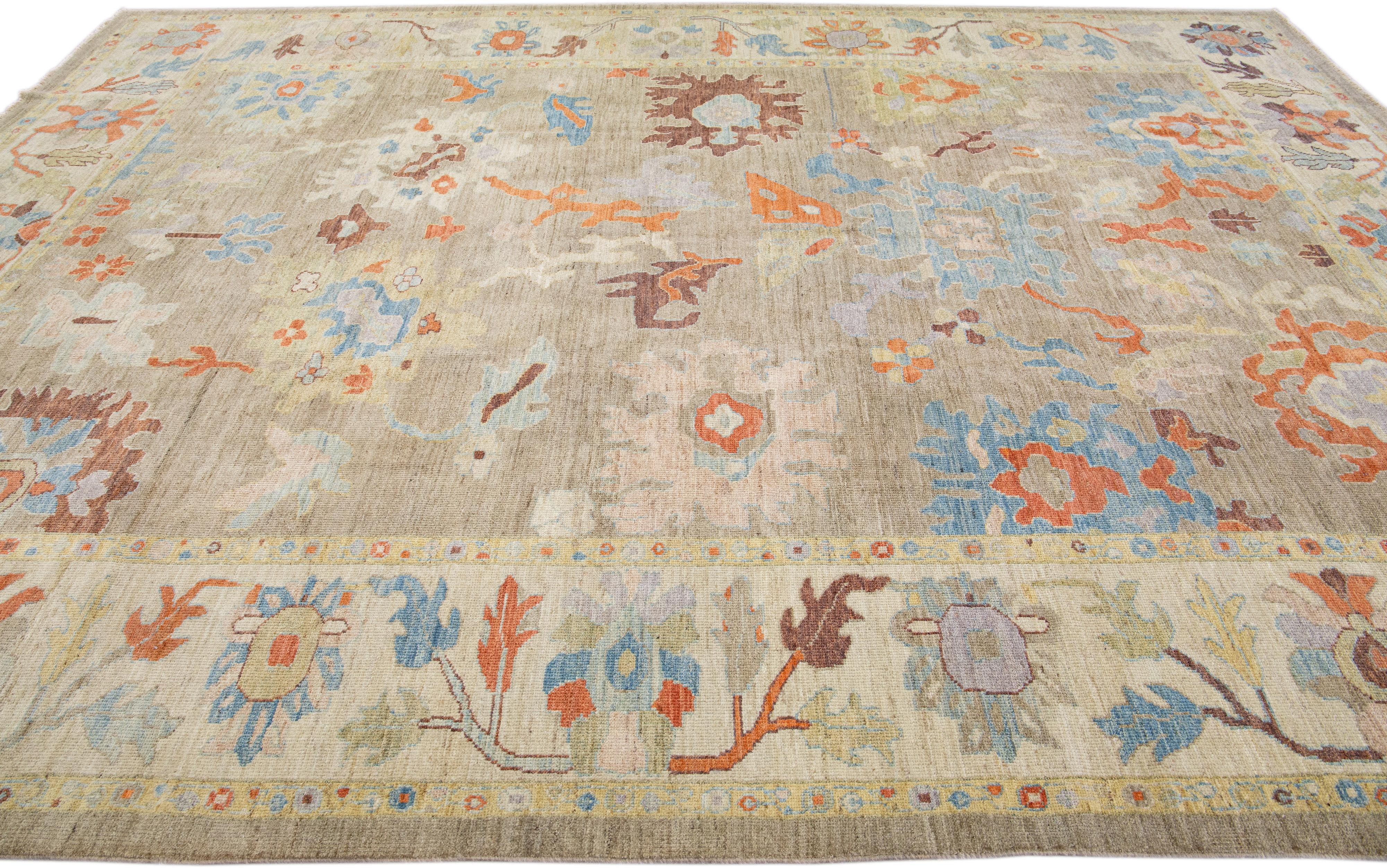 Hand-Knotted Modern Sultanabad Light Brown Handmade Floral Pattern Wool Rug For Sale