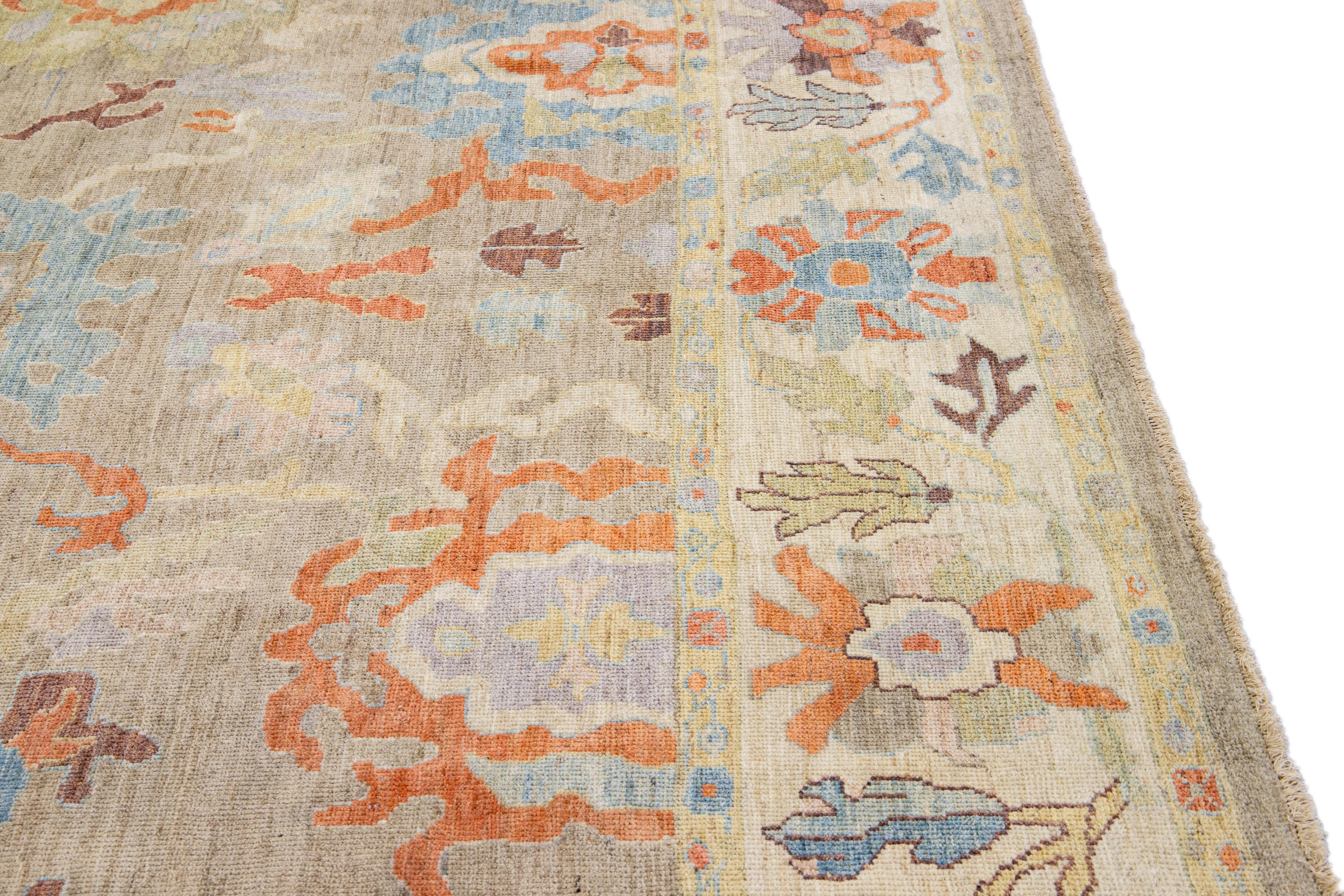 Contemporary Modern Sultanabad Light Brown Handmade Floral Pattern Wool Rug For Sale