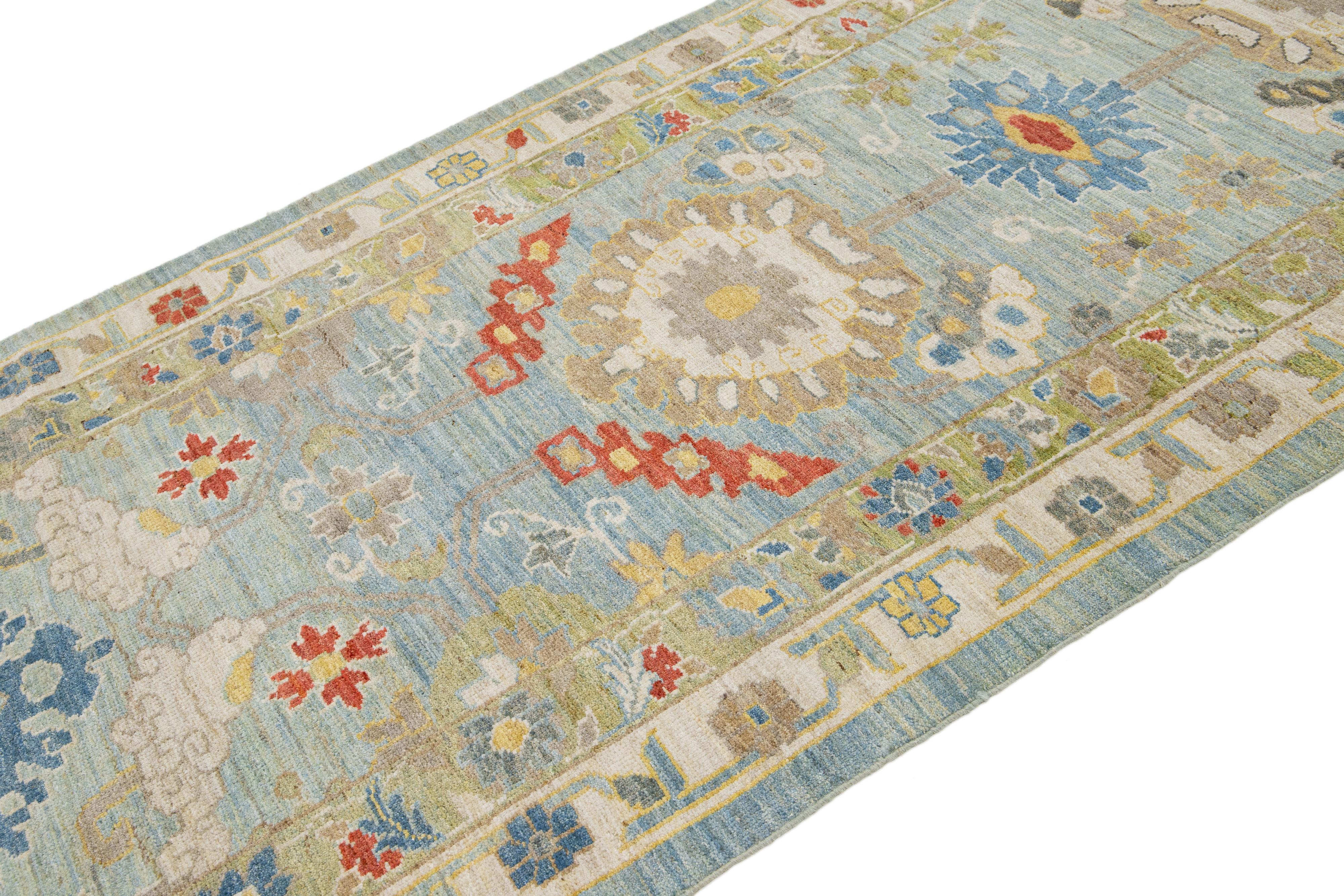 Pakistani Modern Sultanabad Long Wool Runner with Allover Pattern in Blue For Sale