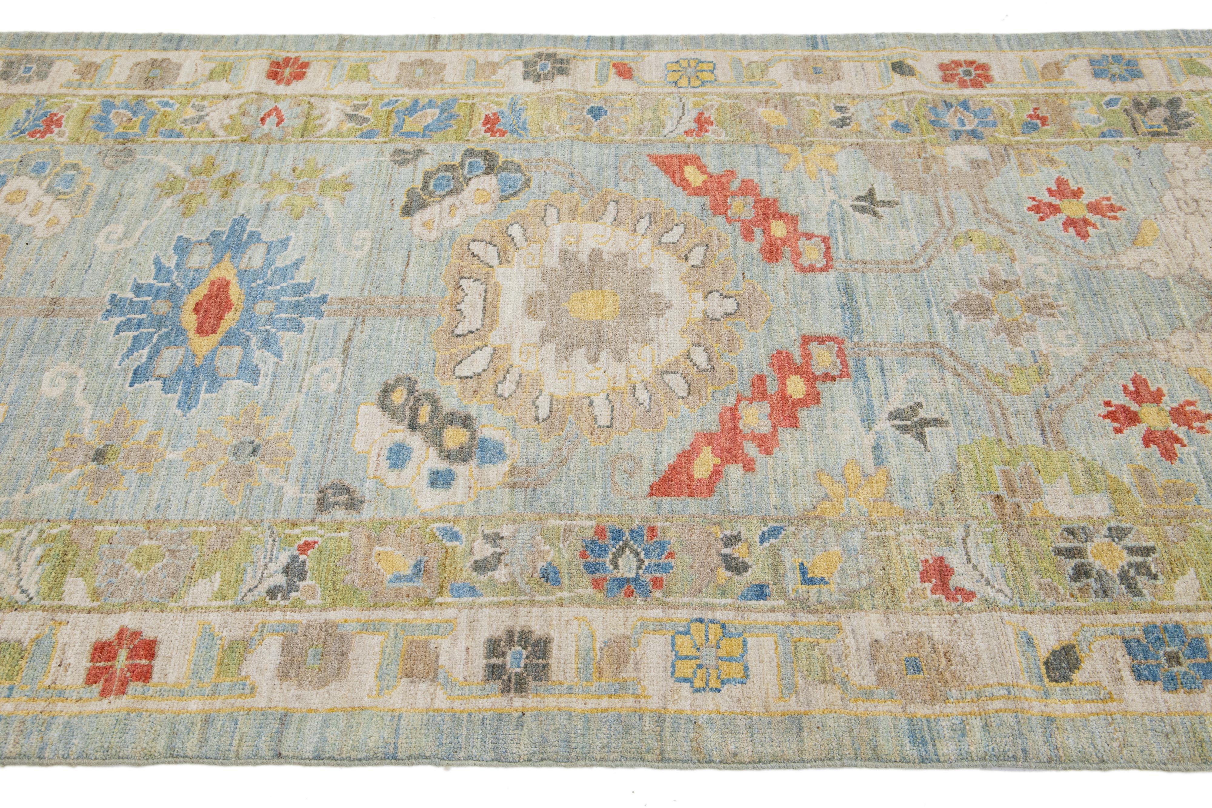 Hand-Knotted Modern Sultanabad Long Wool Runner with Allover Pattern in Blue For Sale