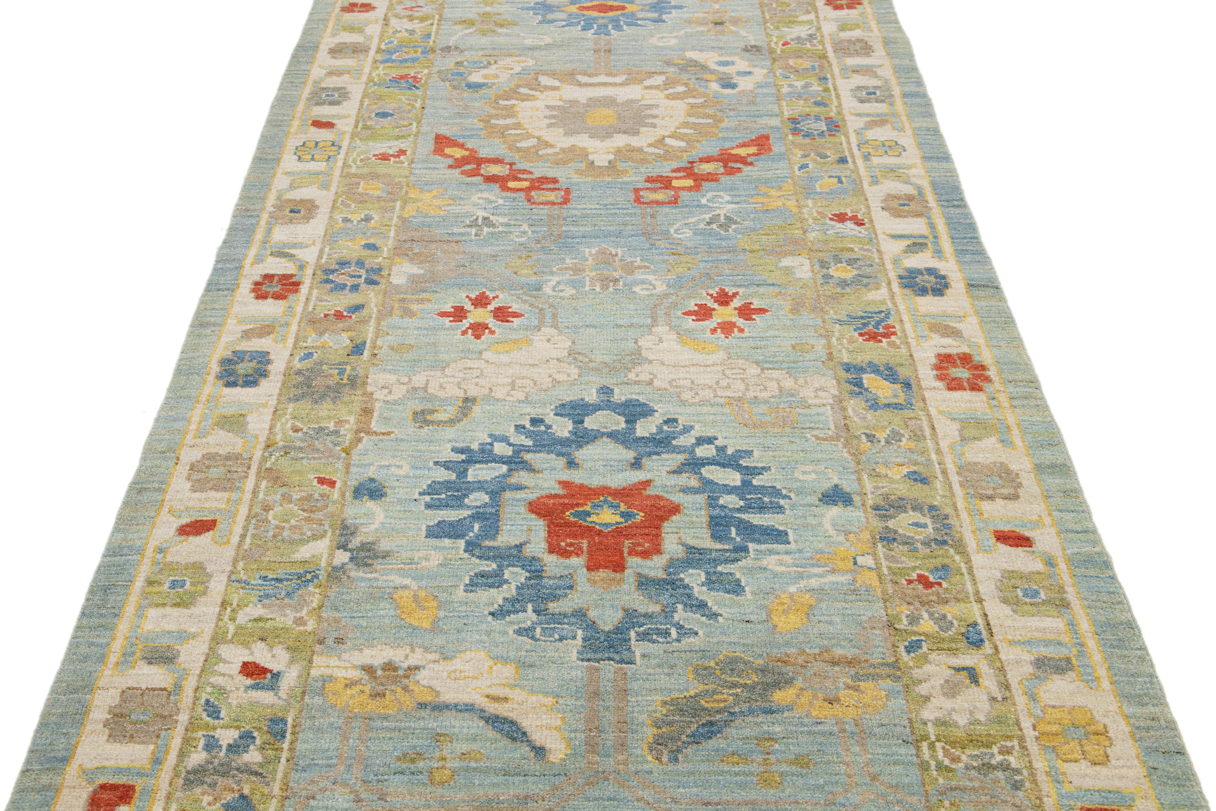 Contemporary Modern Sultanabad Long Wool Runner with Allover Pattern in Blue For Sale