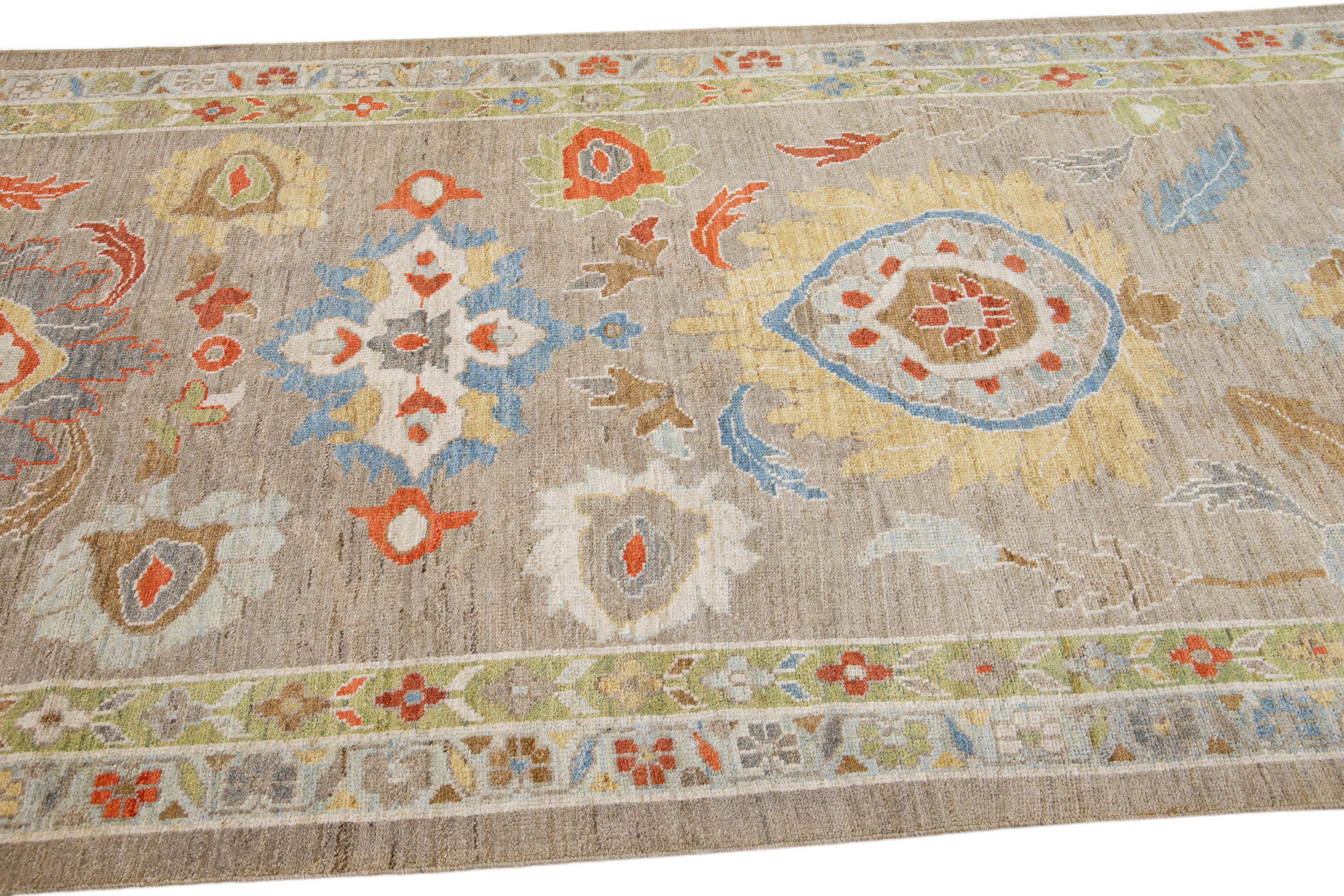 Pakistani Modern Sultanabad Long Wool Runner with Allover Pattern in Light Brown For Sale