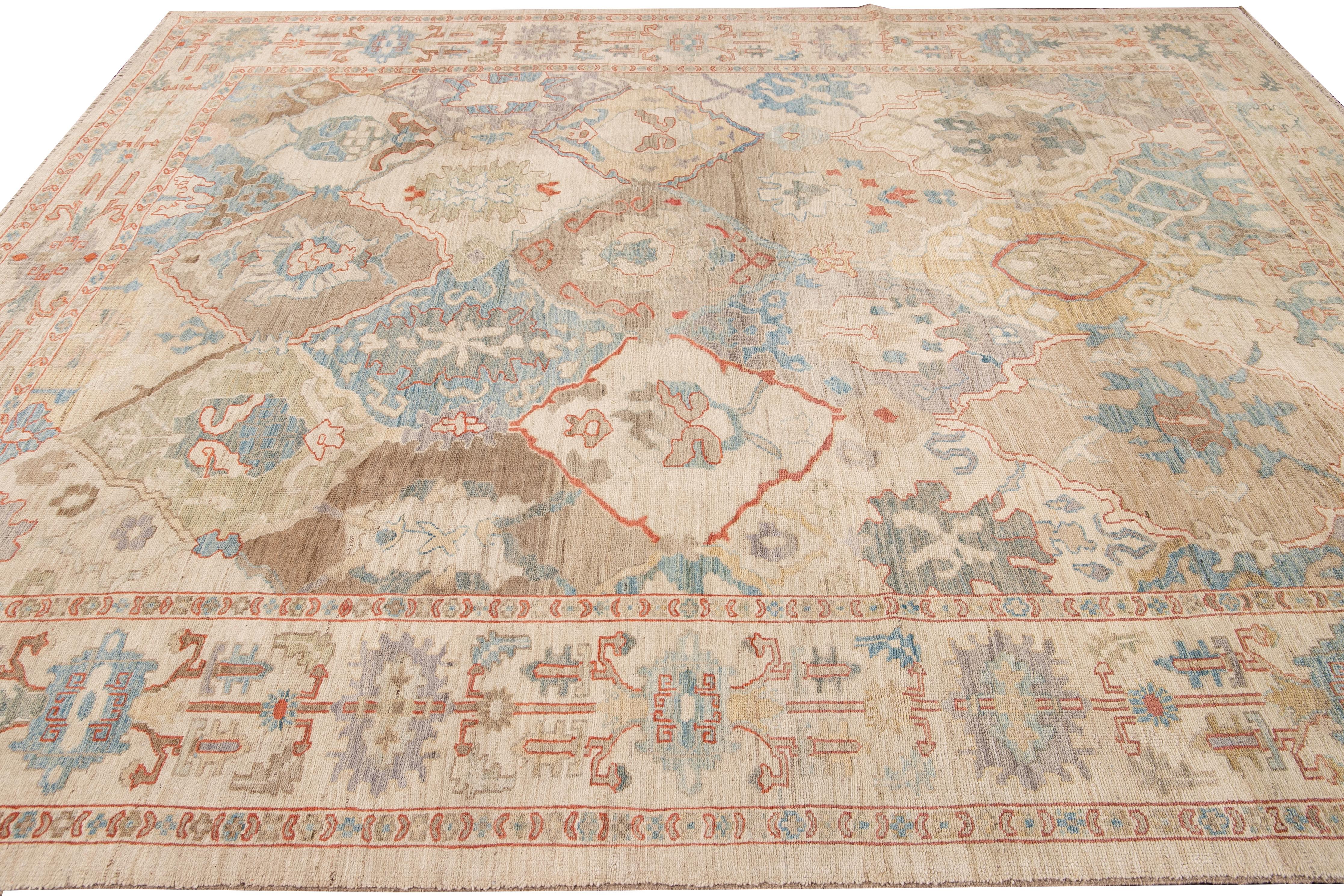 Contemporary Modern Sultanabad Multicolor Handmade Geometric Floral Pattern Wool Rug For Sale