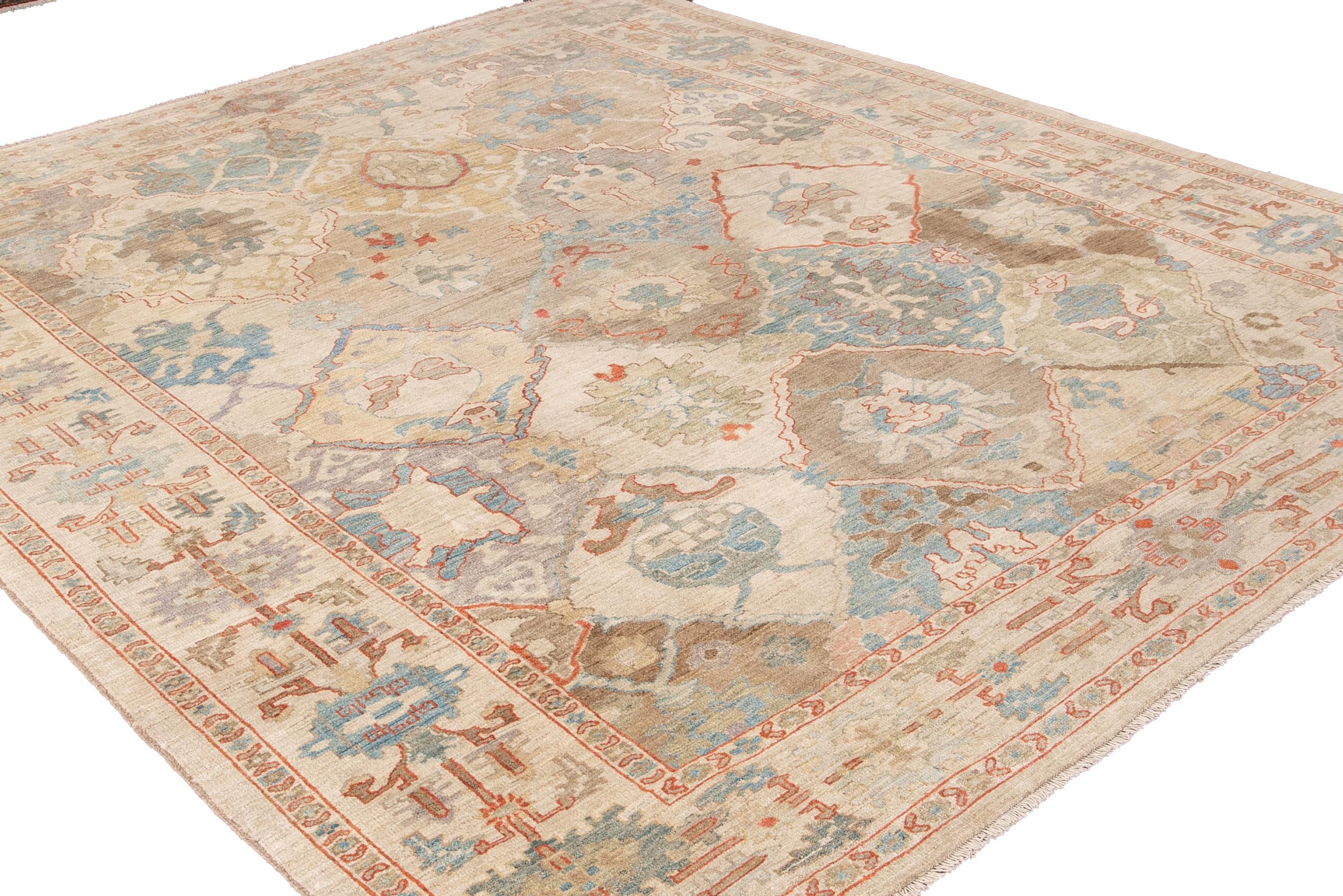 Moderner, moderner, mehrfarbiger, handgefertigter Wollteppich mit geometrischem Blumenmuster von Sultanabad (Wolle) im Angebot