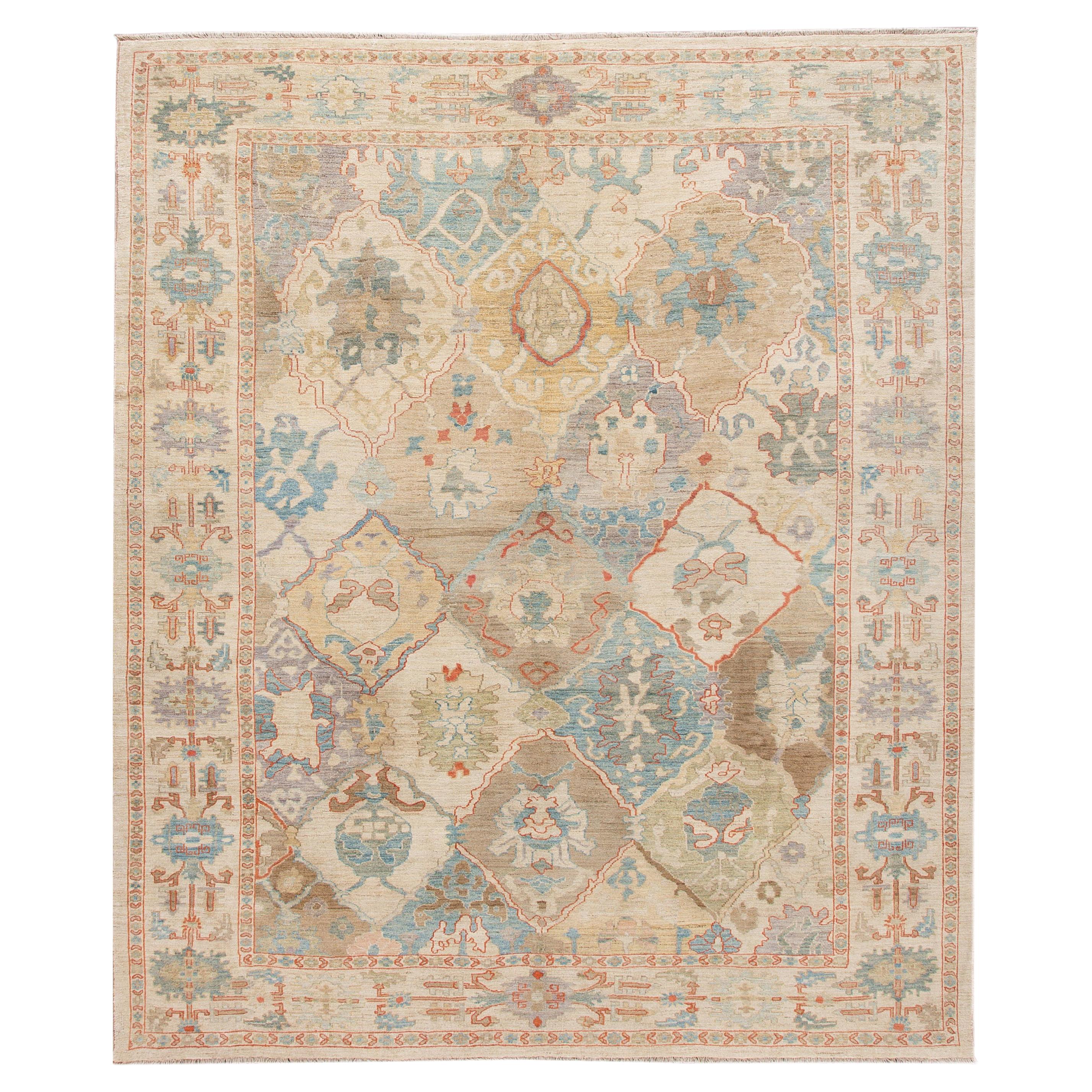 Modern Sultanabad Multicolor Handmade Geometric Floral Pattern Wool Rug For Sale