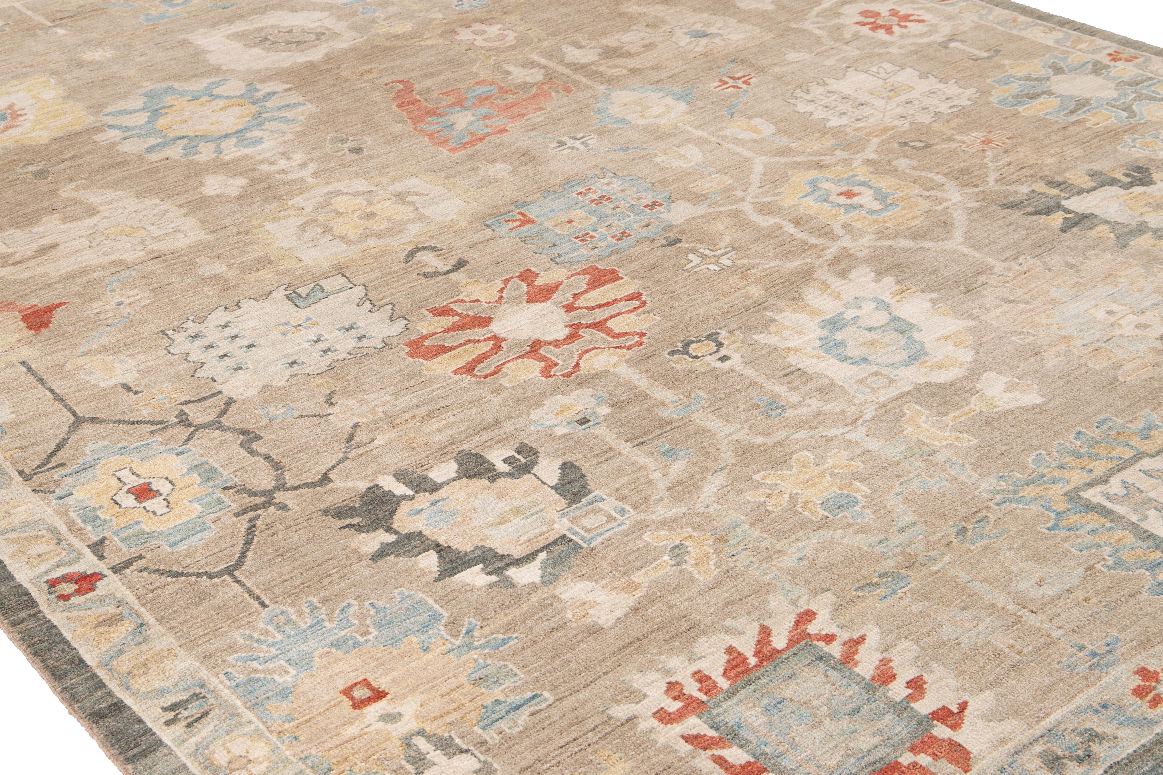 Hand-Knotted Modern Sultanabad Nude Handmade Geometric Floral Wool Rug For Sale