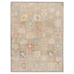 Modern Sultanabad Nude Handmade Geometric Floral Wool Rug