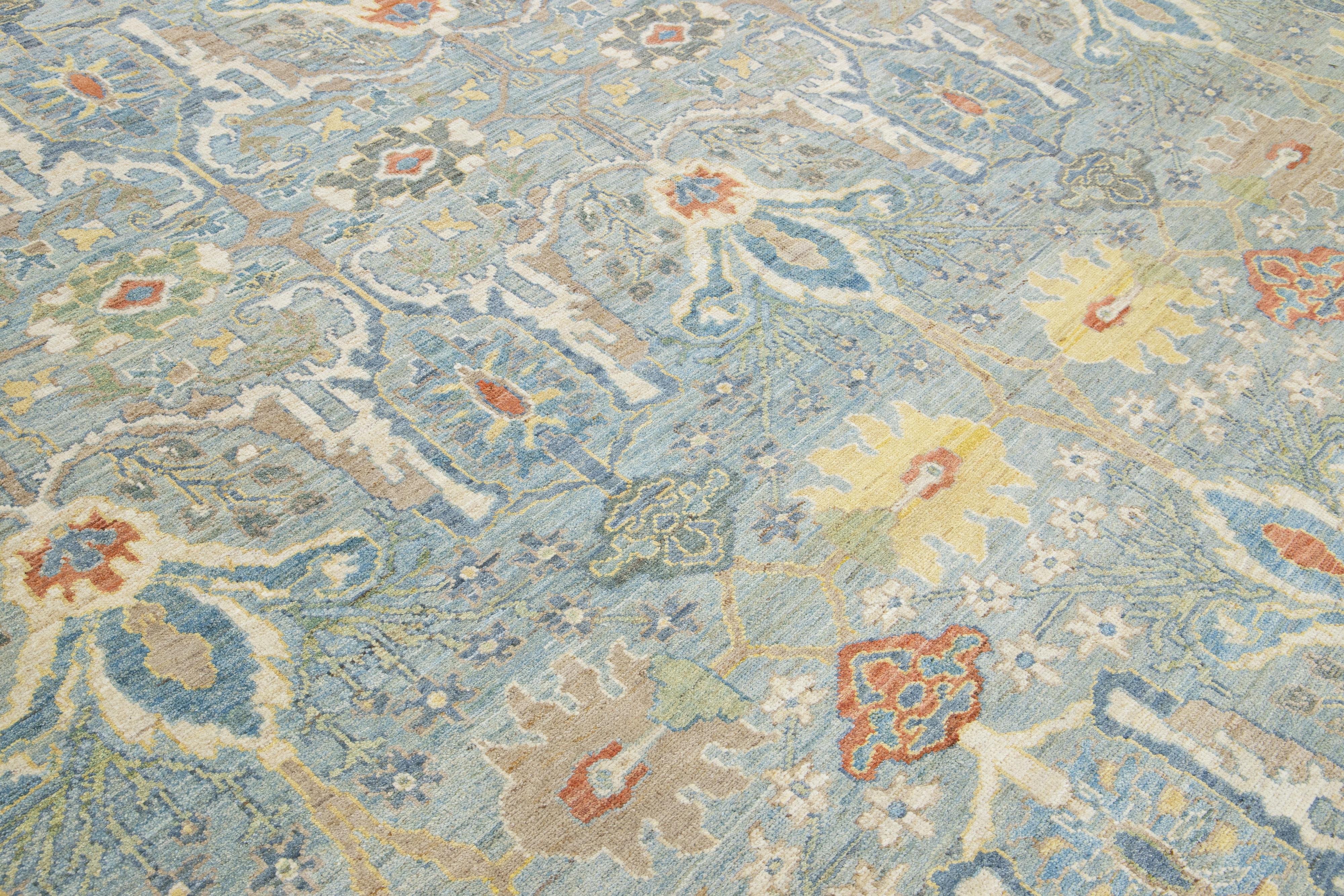 Apadana's Moderner quadratischer Sultanabad-Wollteppich in Blau mit Allover-Muster im Angebot 3