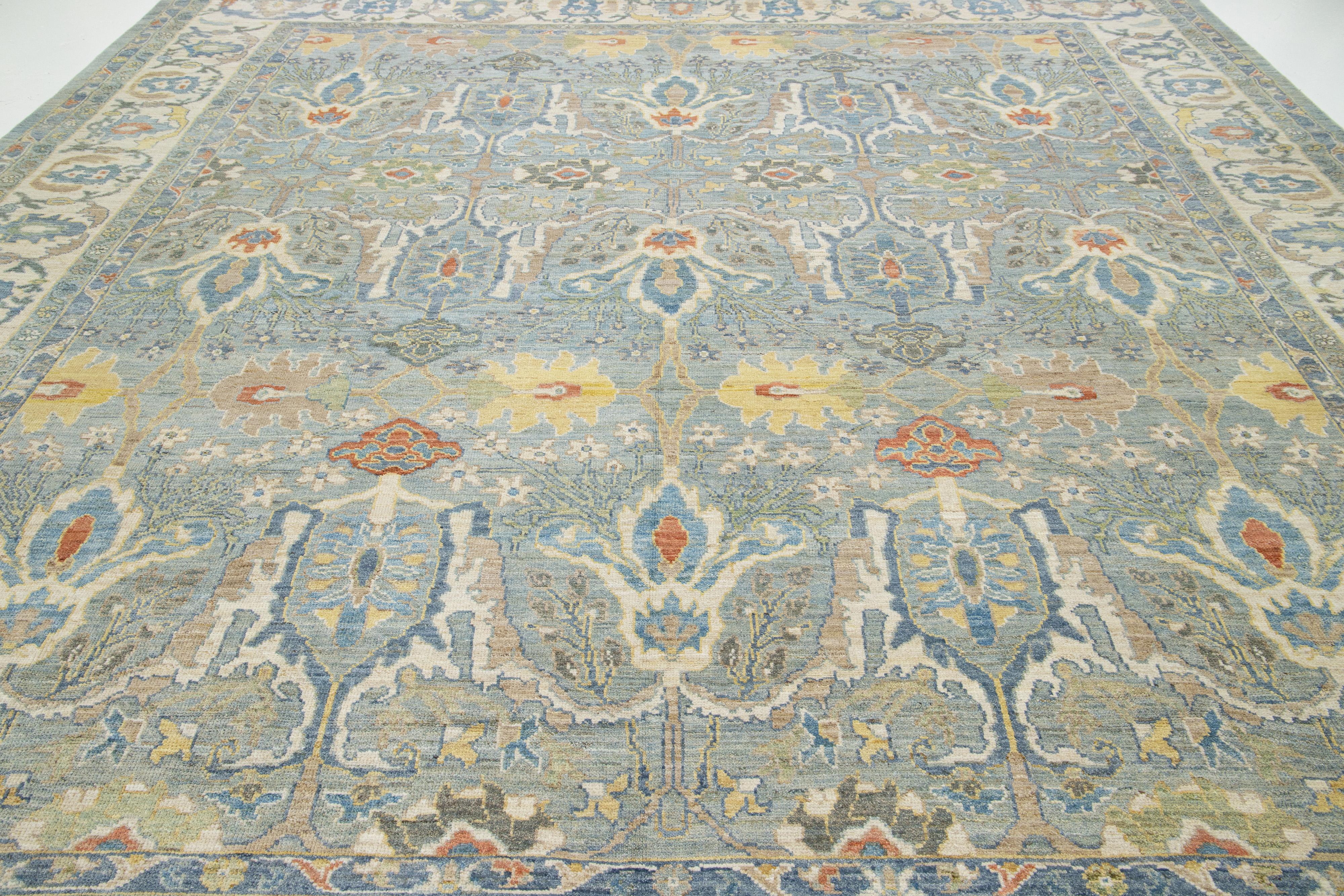 Apadana's Moderner quadratischer Sultanabad-Wollteppich in Blau mit Allover-Muster im Angebot 2